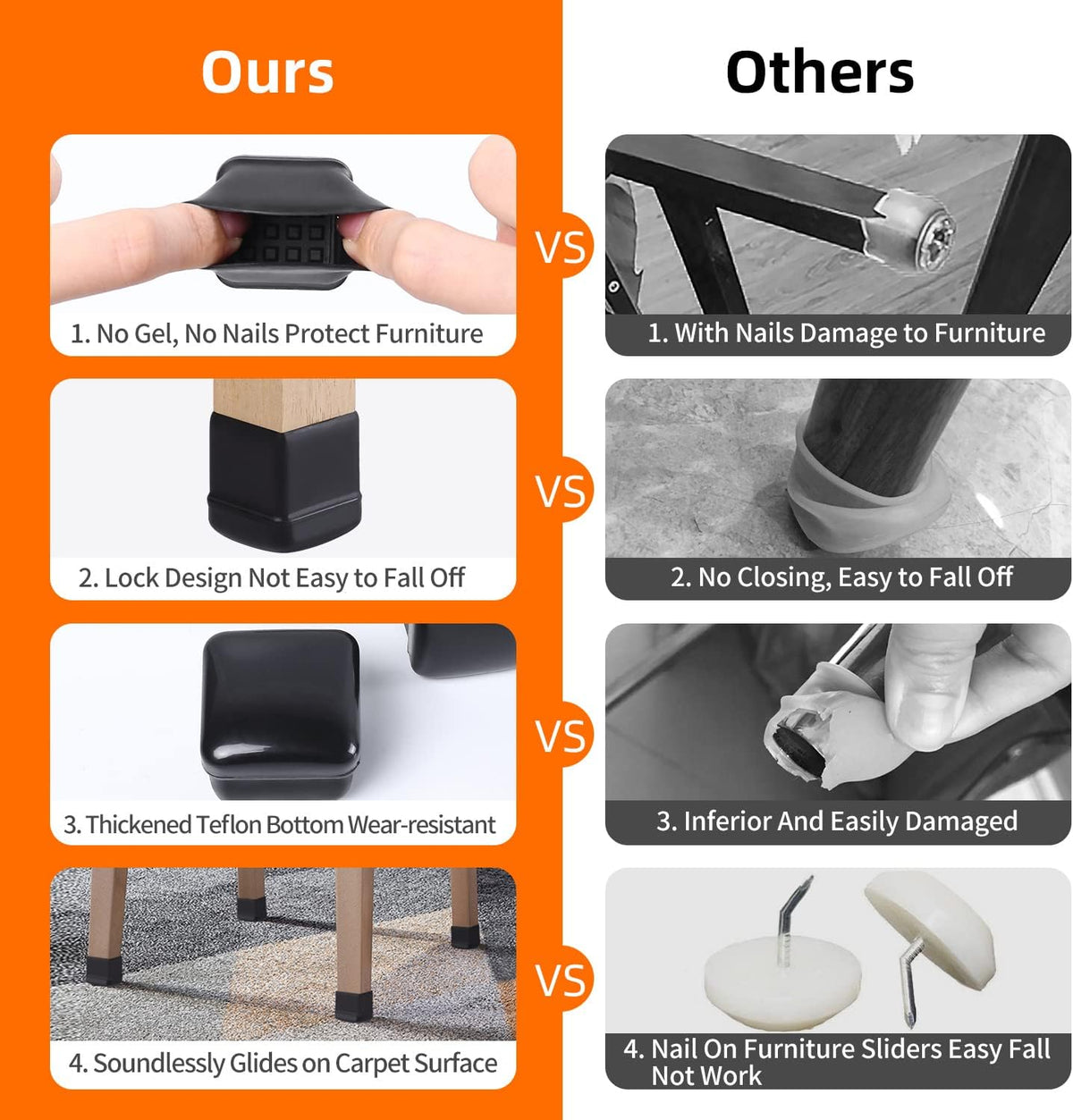 Ezprotekt 24 Pcs Chair Leg Sliders for Carpet, Square Black Chair Glides Teflon Furniture Pads, Bar