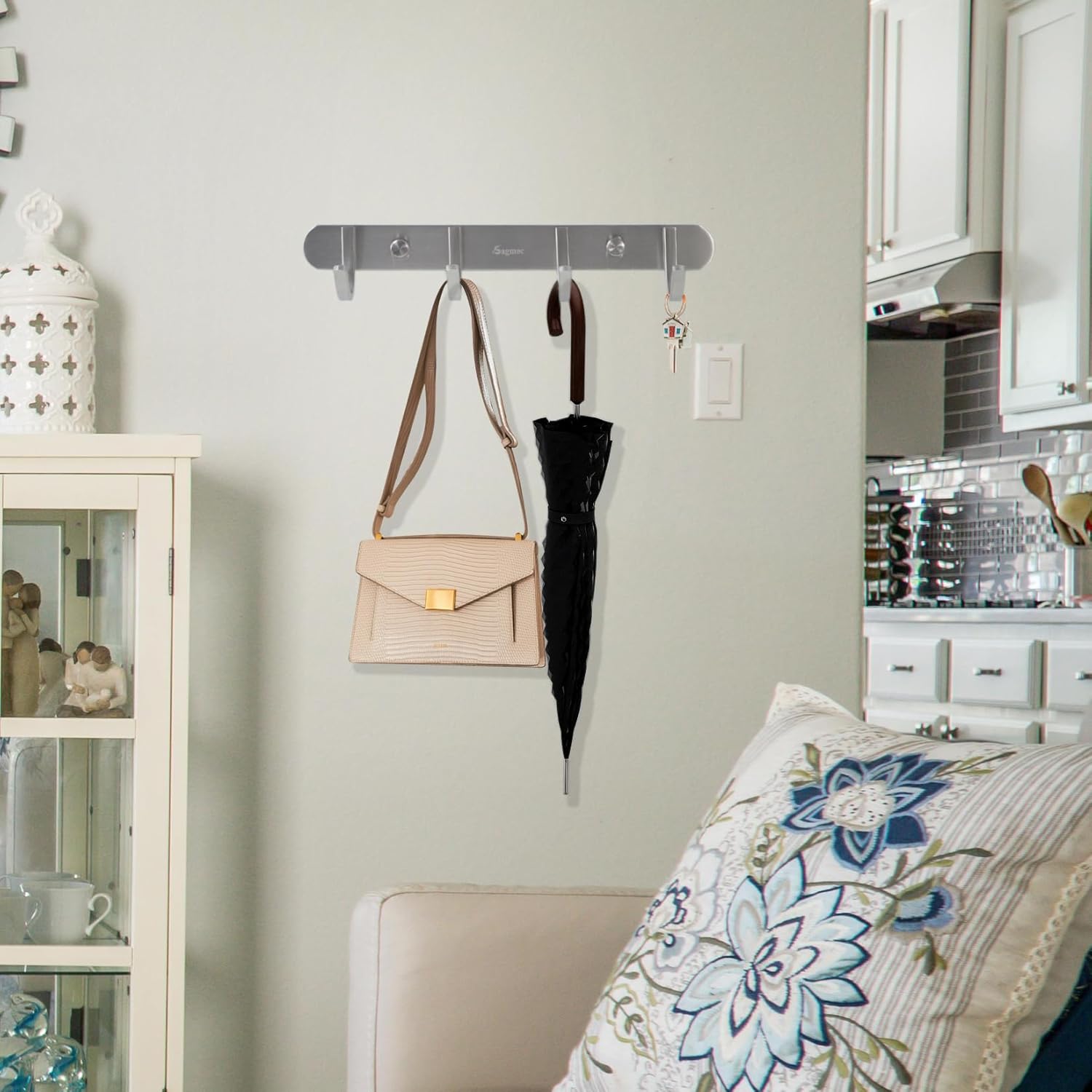 Coat Hook Rack Brushed Nickel 10.6-Inch Coat&Towel Hook Rail Wall Mounted with 4 Hooks, Durable