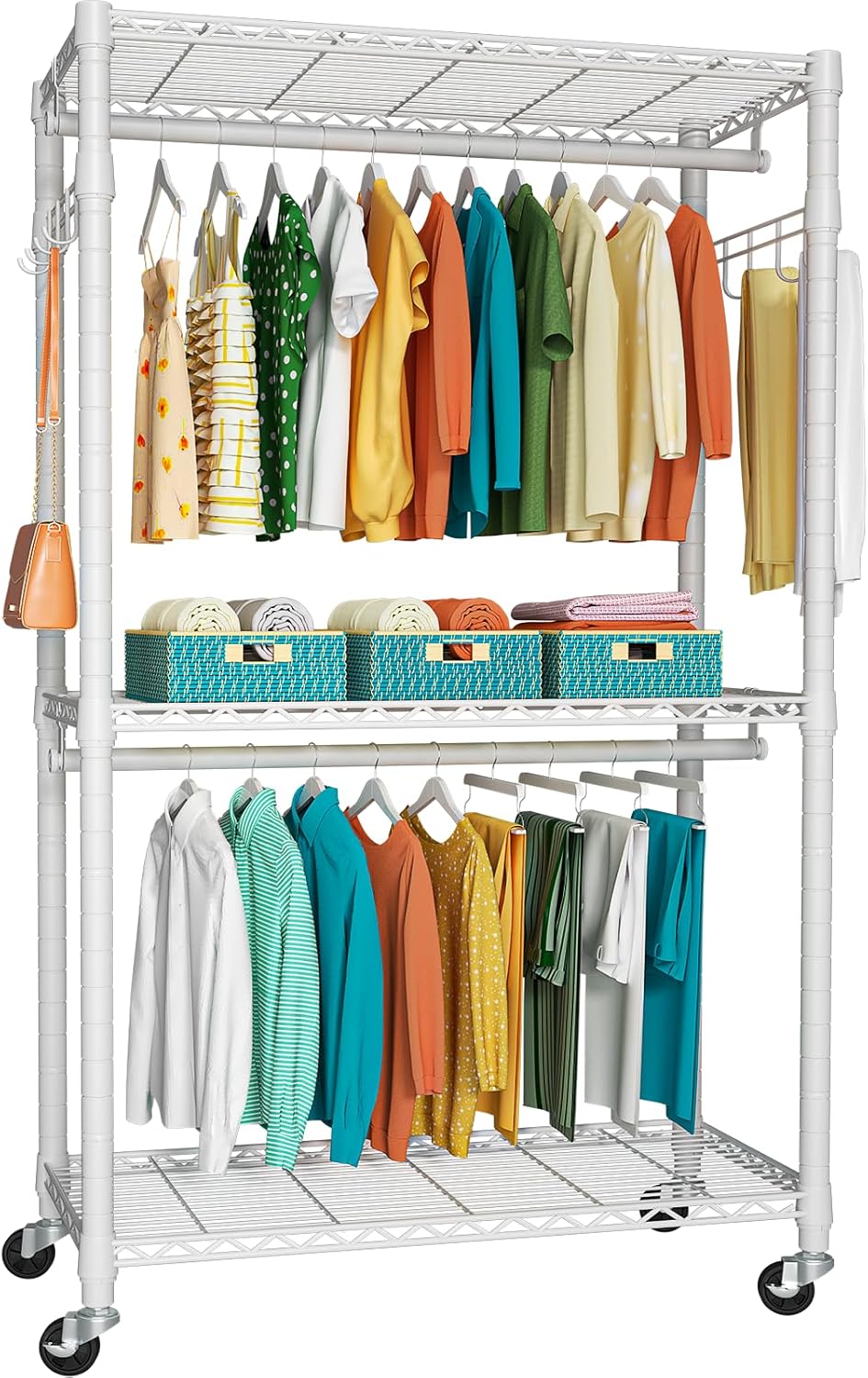 FUTASSI P1 Heavy Duty Garment Rack, 3 Tiers Adjustable Rolling Metal Closet Organizer with Lockable