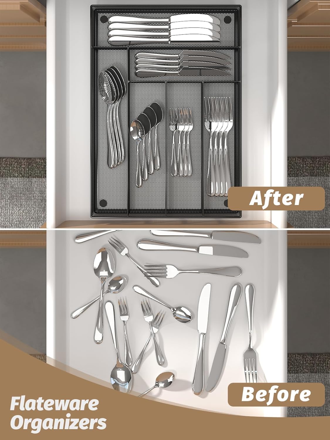 Silverware Organizer Metal Mesh, Large Drawer Organizer, Utensil Cutlery Tray for kitchen drawers
