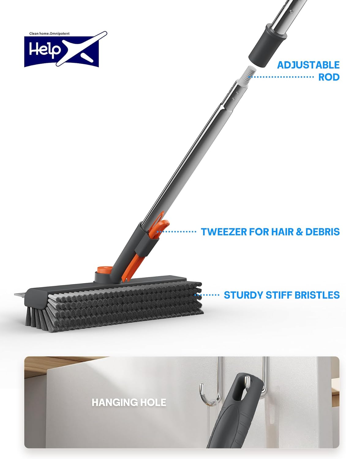 Floor Scrub Brush with Long Handle, 3 in 1 Multi-angle Swivel Right Angled Bristle Floor Scrubber