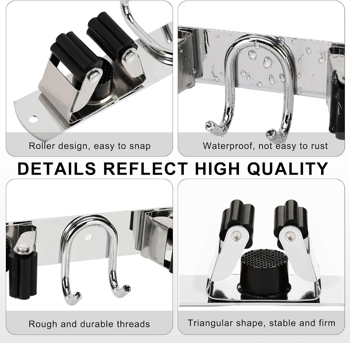 Mop Broom Holder Wall Mount, Silver Stainless Steel Tool Storage Organizer for Kitchen Garden