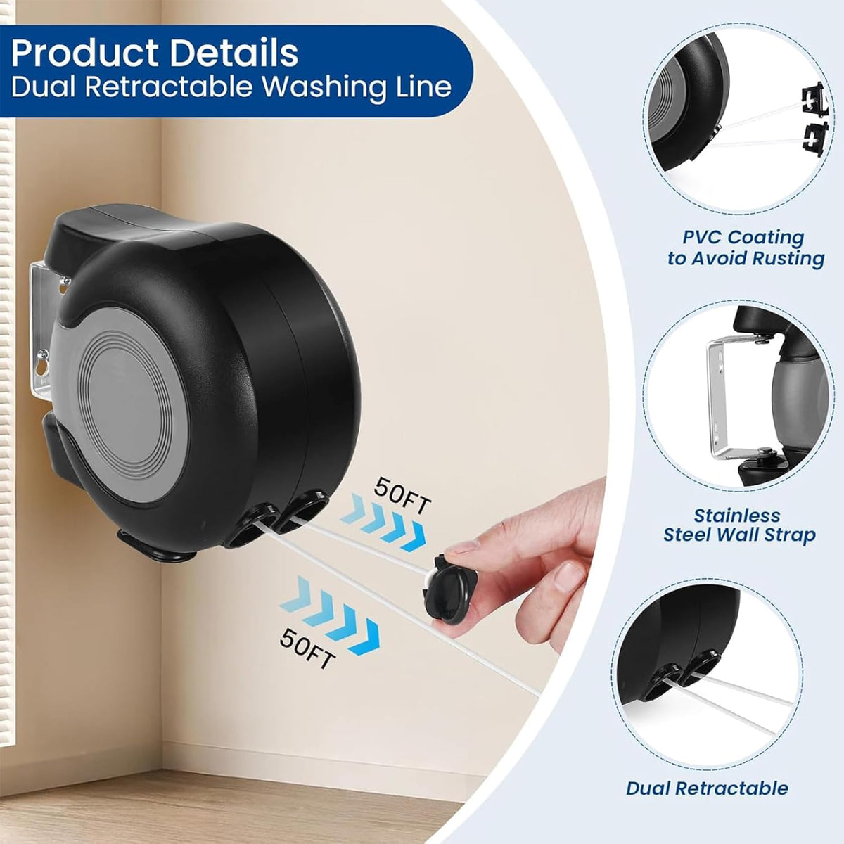 Retractable Double Clothesline – 49 ft x 2 Heavy Duty Clothes Line for Indoor & Outdoor Use, Dual