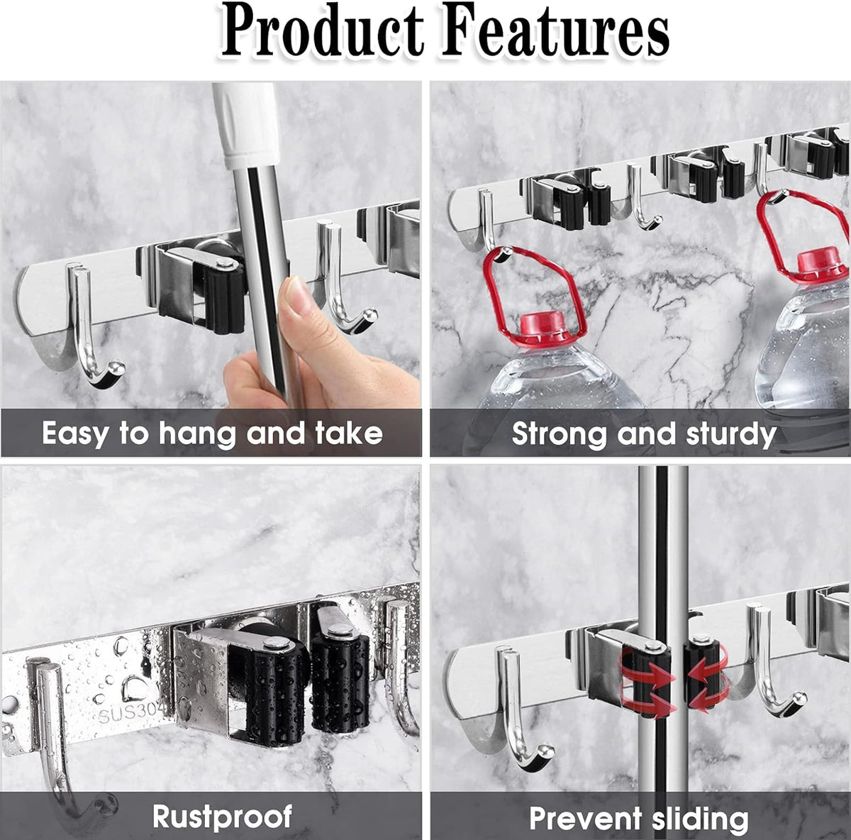 3 Racks and 4 Hooks Broom and Mop Holder Wall Mounted Garage Organizer Storage Tool Racks Stainless