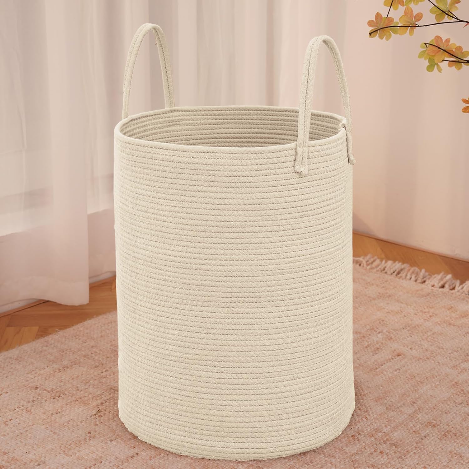 Large Woven Laundry Basket Hamper,60L Cotton Rope Storage Bin for Blankets,Toys and