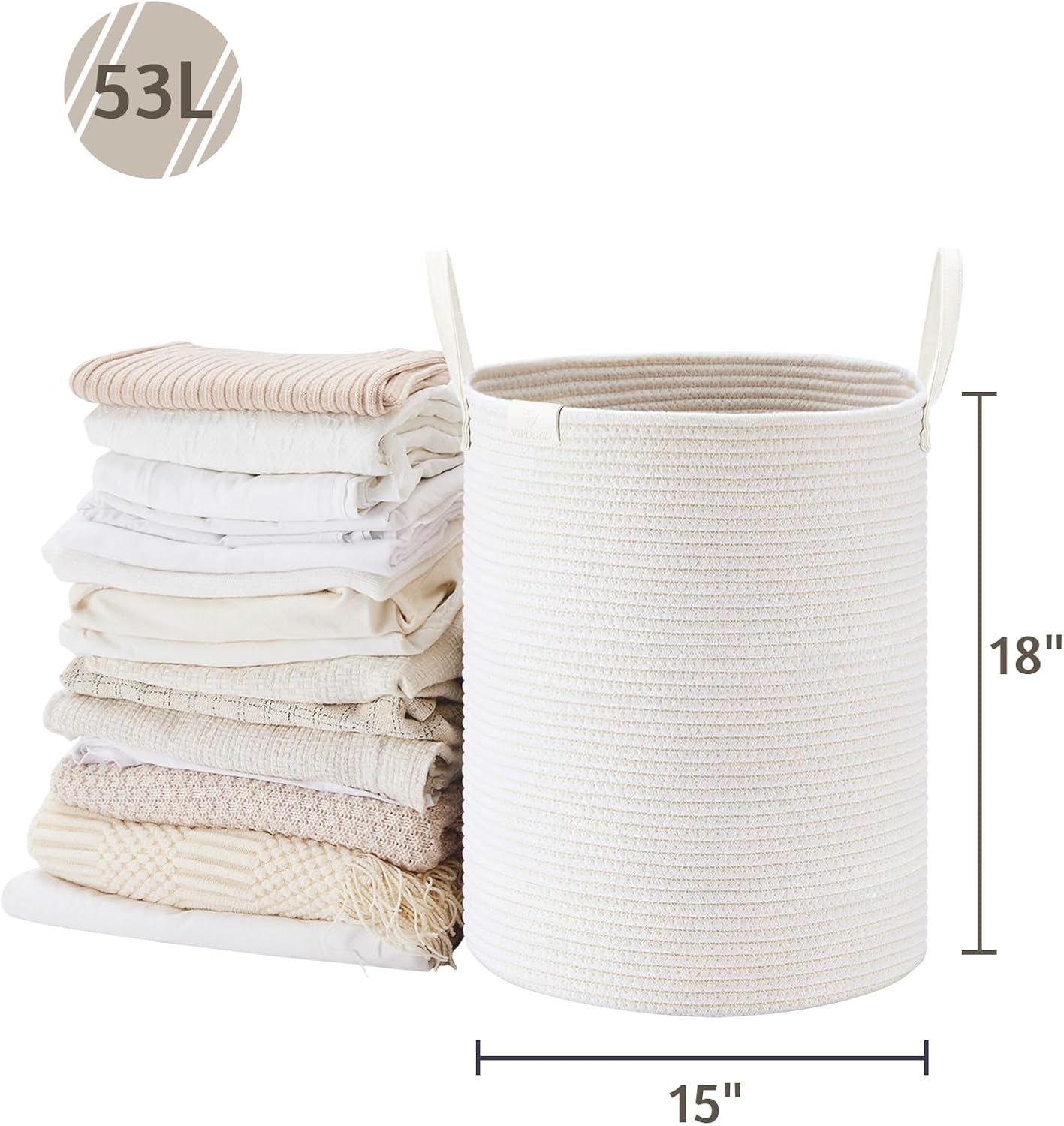 VIPOSCO Tall Laundry Basket, Large Dirty Clothes Hamper with Leather Handle, Woven Rope Storage
