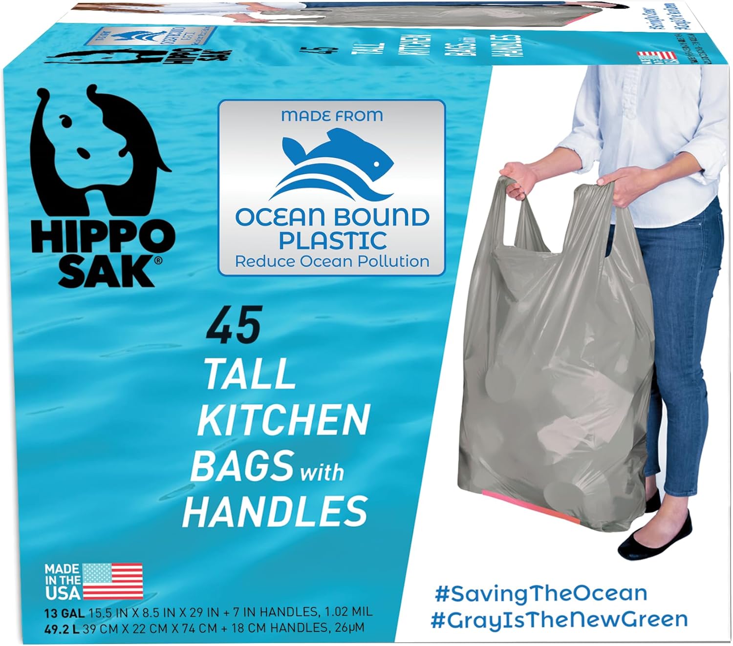 Hippo Sak - Tall Kitchen Garbage Bags with Ergonomic Handles - 13 Gallon Trash Bags Made from