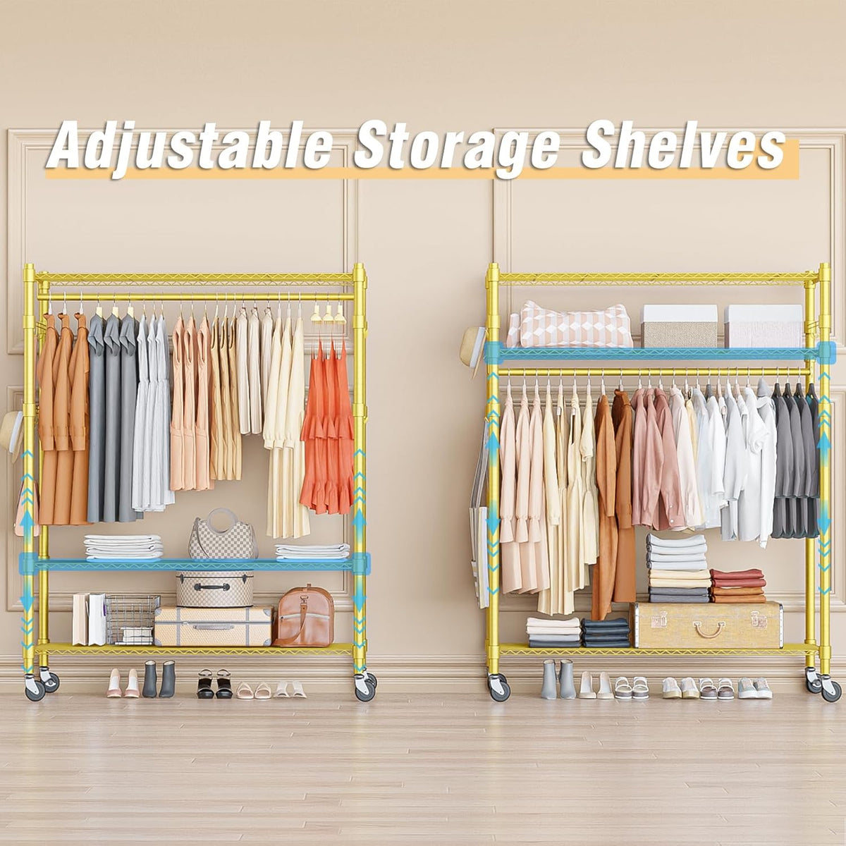 Homdox Gold Heavy Duty Clothes Rack with Wheels, 3-Tier Rolling Metal Garment Organizer with Double