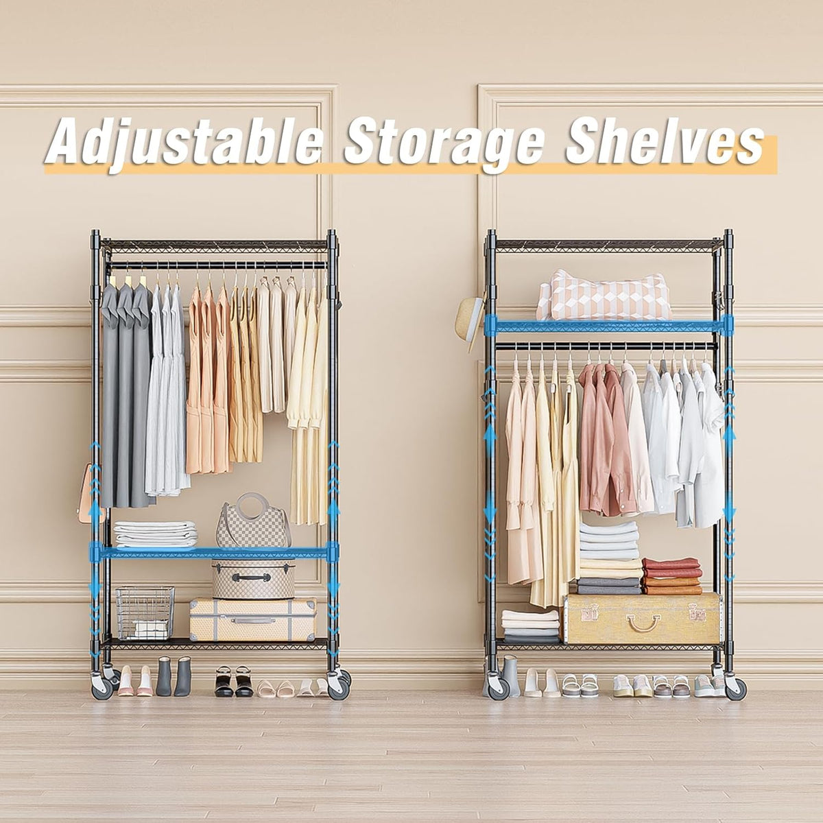 Homdox Heavy Duty Clothing Rack with 3 Tier Adjustable Wire Shelves, Garment Racks for Hanging