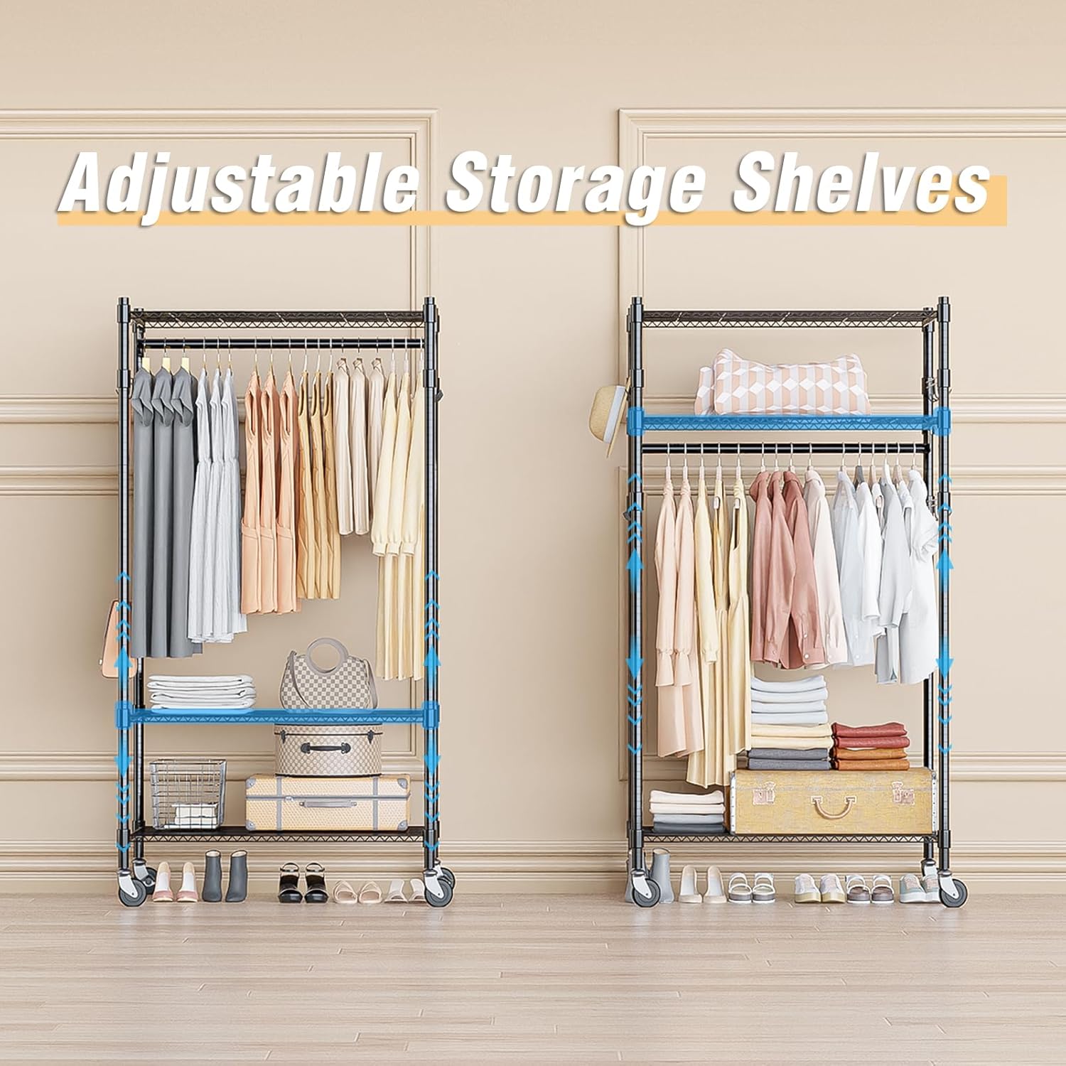 Homdox Heavy Duty Clothing Rack with 3 Tier Adjustable Wire Shelves, Garment Racks for Hanging