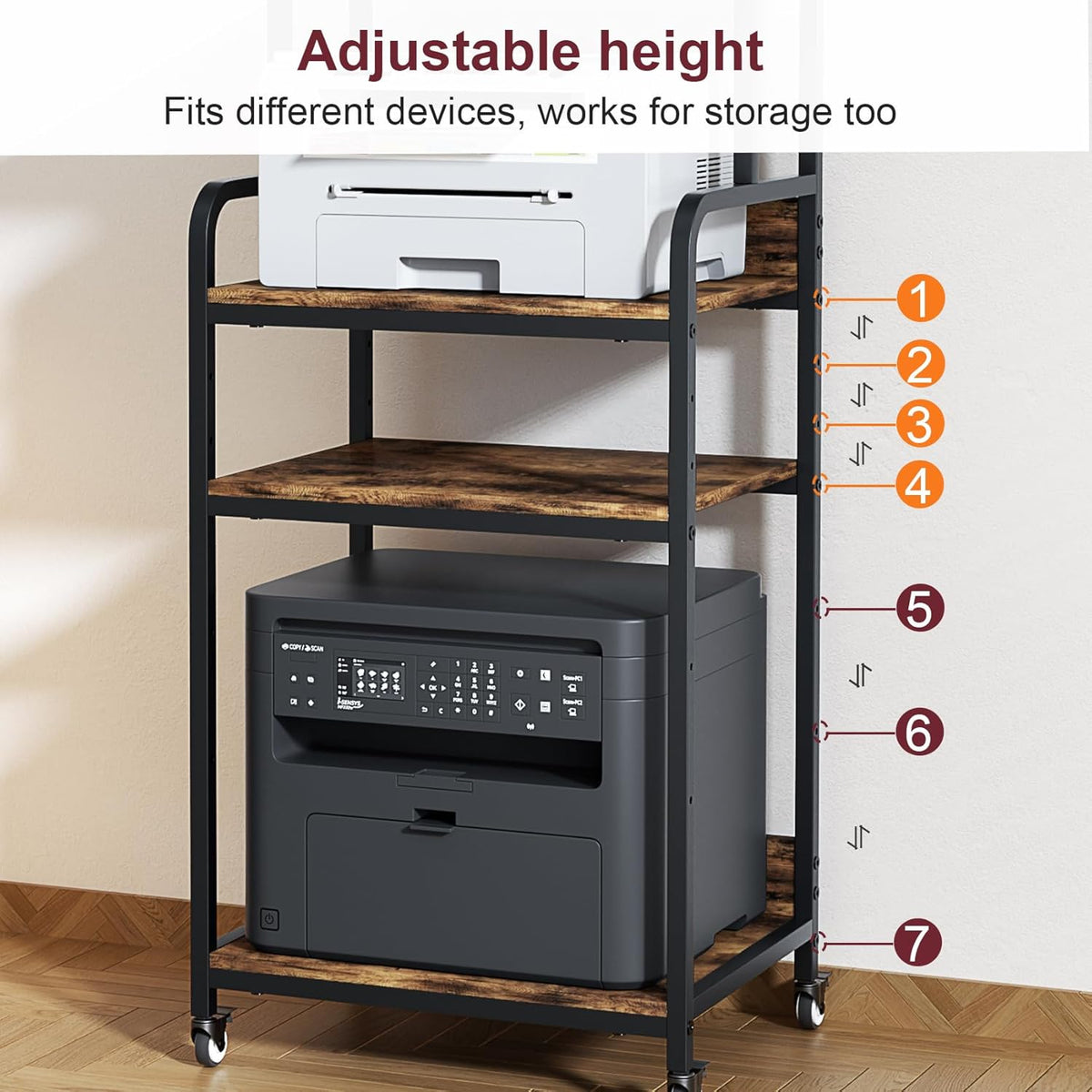 4 Tier Printer Stand with Storage Shelf, Large Tall Printer Table for Home Office, Movable Printer