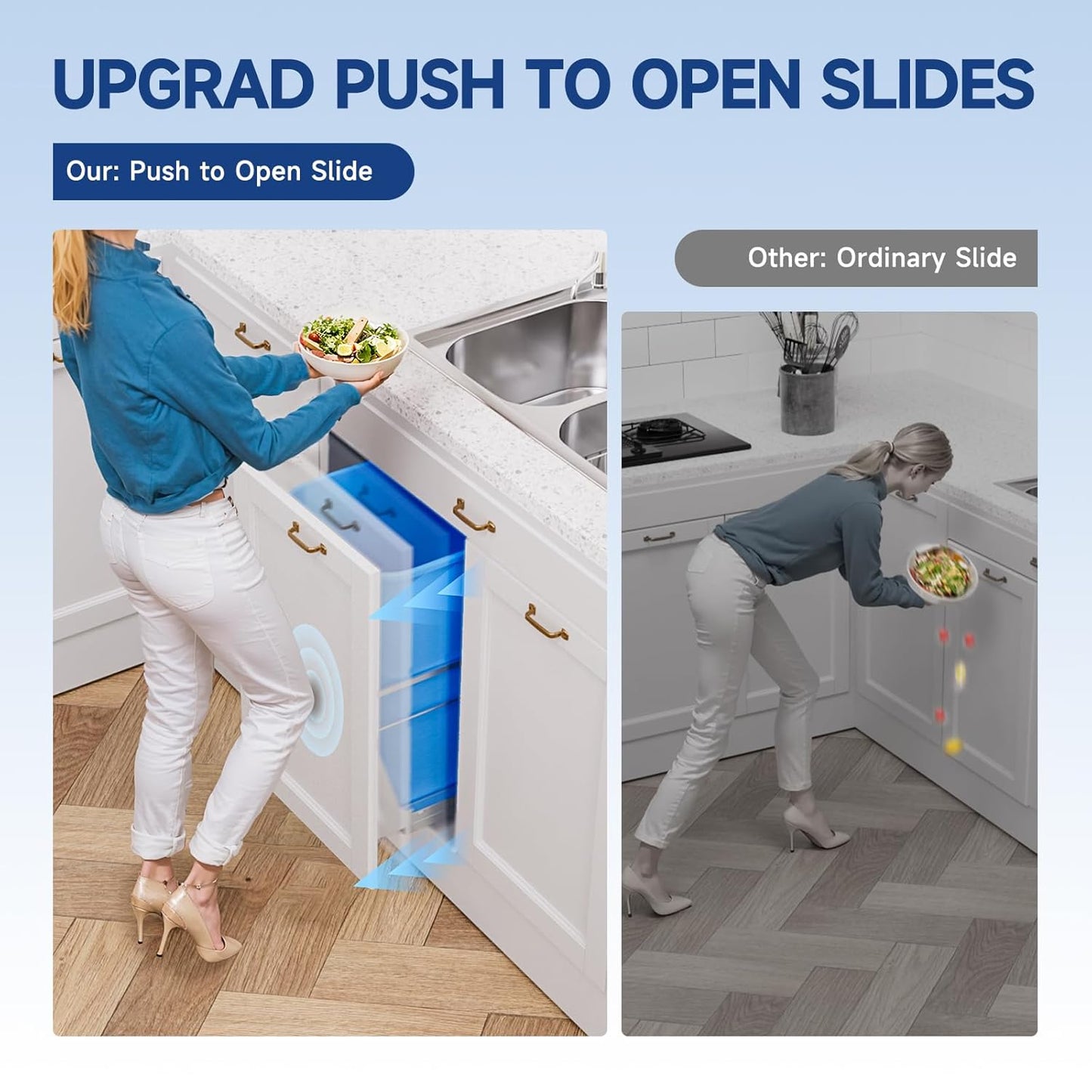 Pull Out Trash Can Under Cabinet with Push to Open Slides, Insputer Heavy Duty Under Sink Garbage