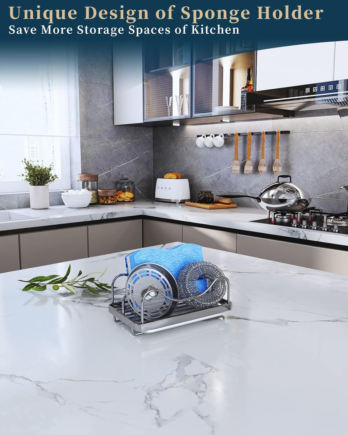 Consumest Sponge Holder for Kitchen Sink - Movable Sink Caddy for Countertop Organizer, 304