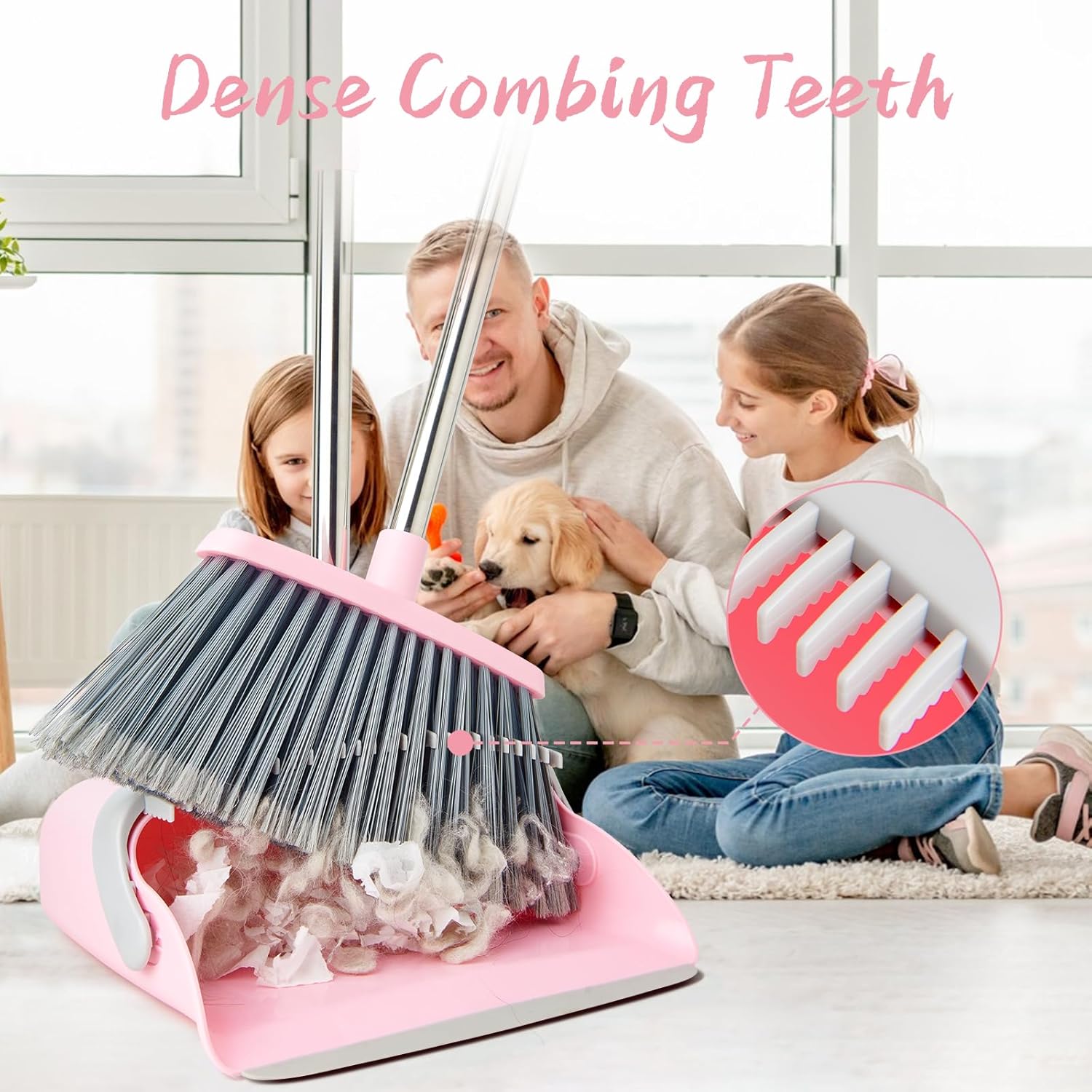 Broom and Dustpan Combo Set, Long Handle and Standing Dust Pan with Comb Teeth, Efficient Floor