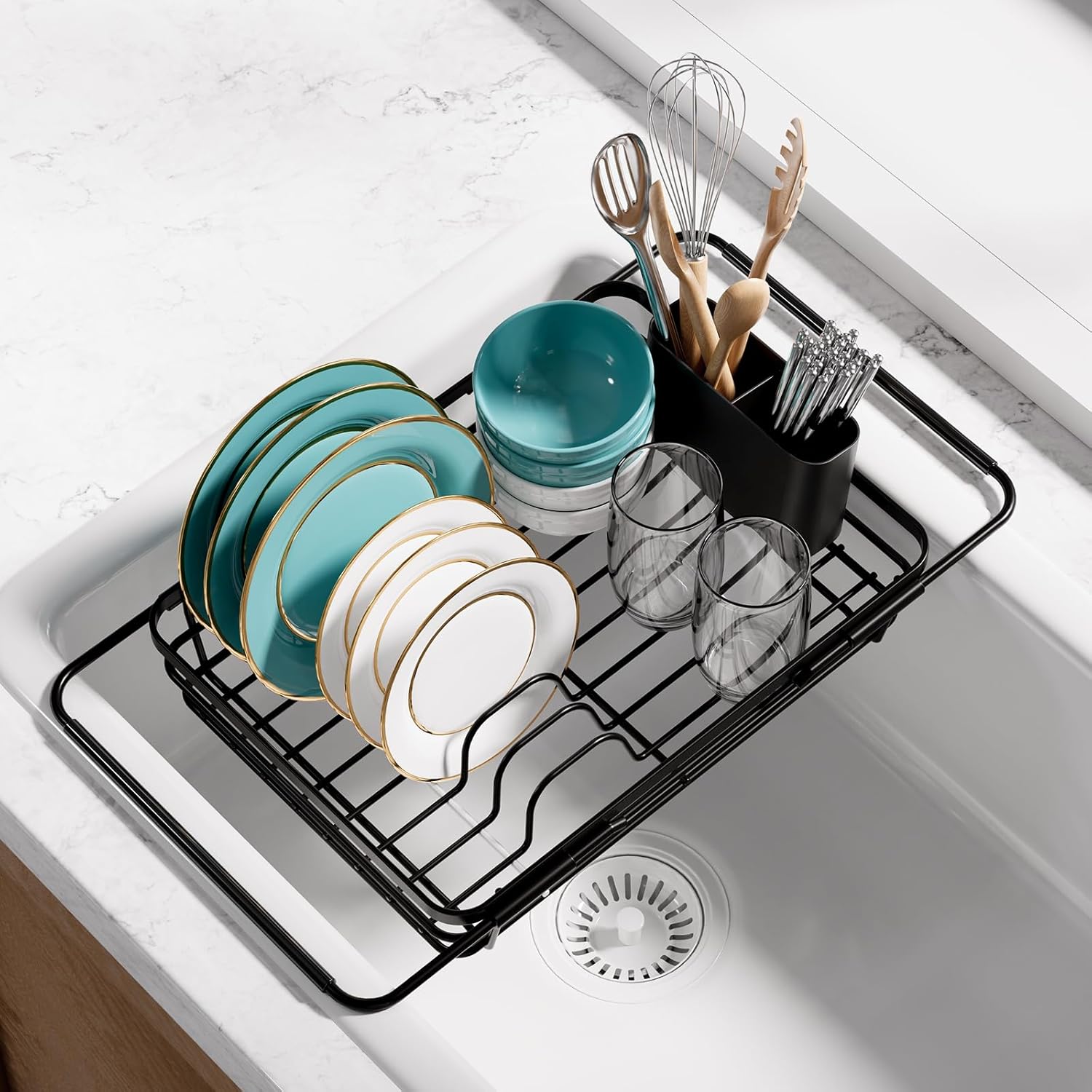 Dish Drying Rack in Sink - Expandable Stainless Steel Dish Rack Over The Sink, Kitchen Sink Drain