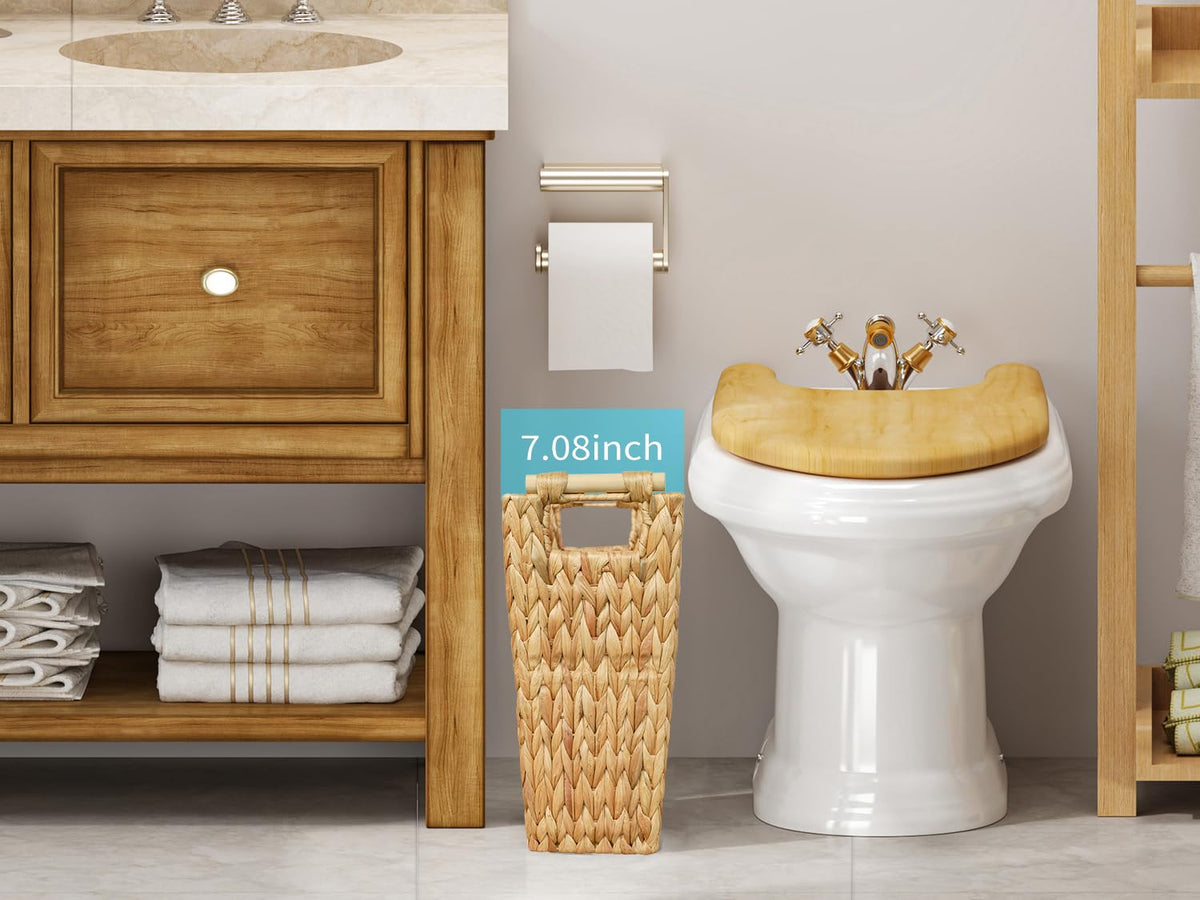 6 Gallon Wicker Trash Can with Wooden Handle,Wicker Waste Basket for Bathroom,Bedroom,Large Narrow
