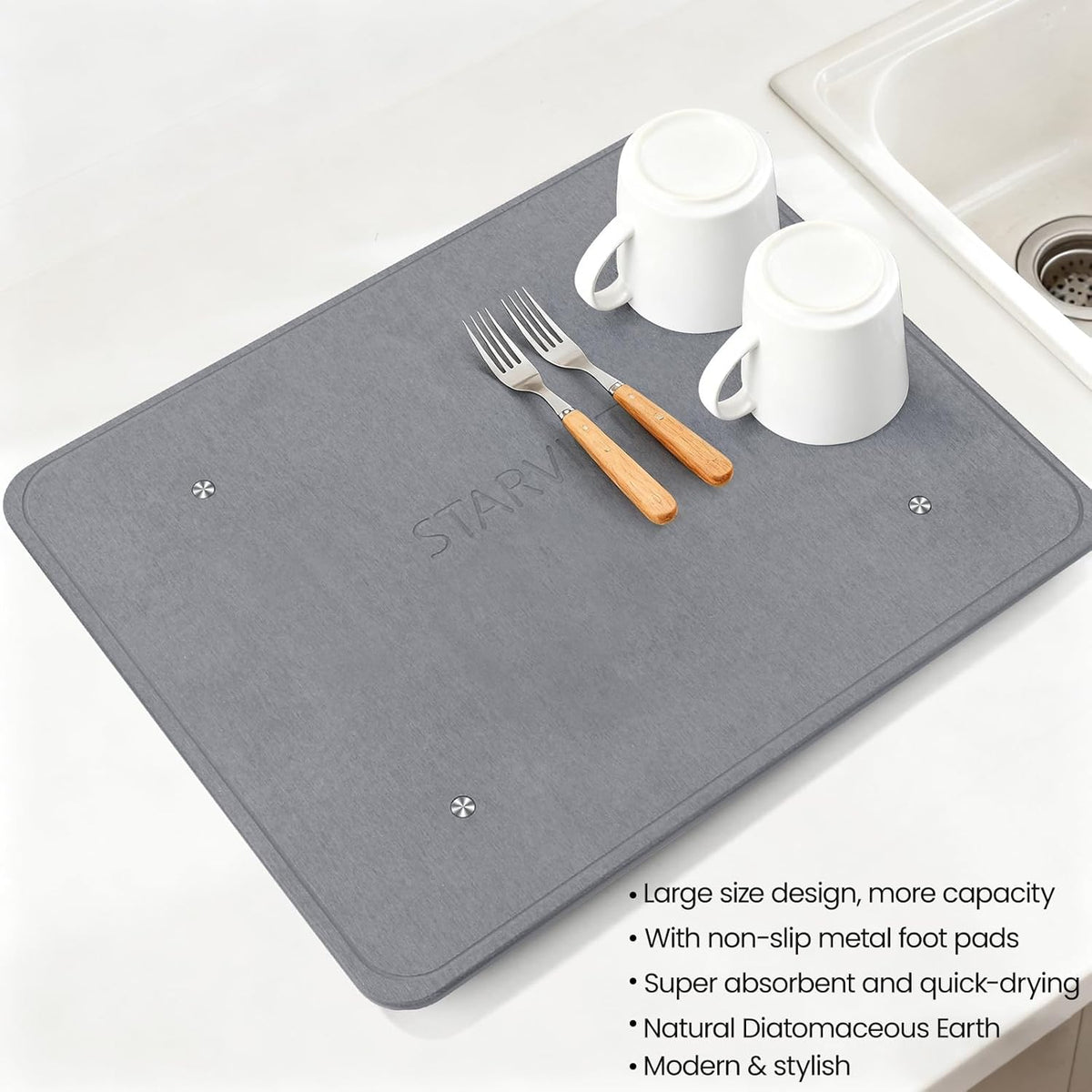 Large Stone Dish Drying Mats for Kitchen Counter,20"(L)×16"(W) Diatomaceous Earth Stone Mat With