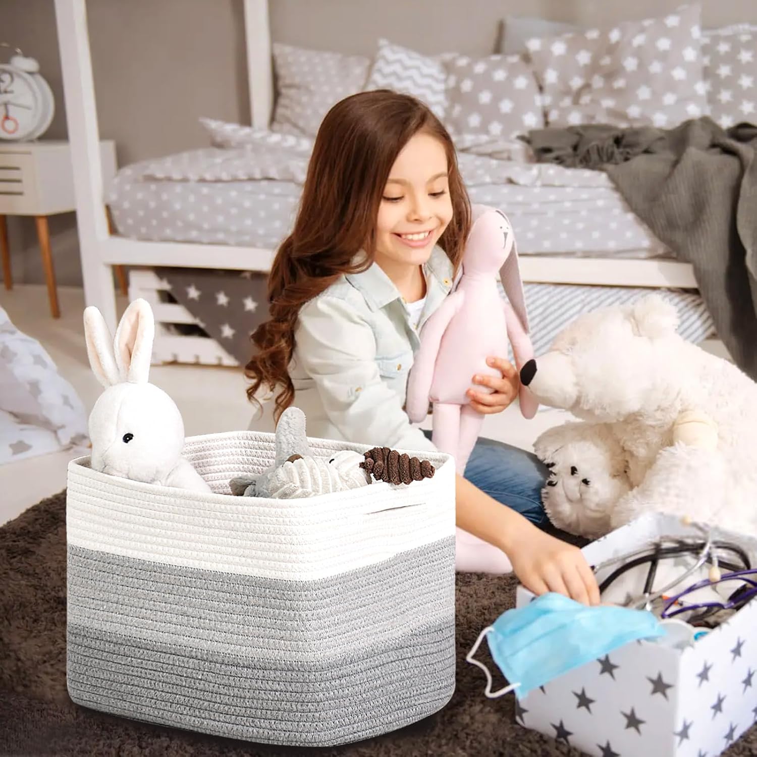 Storage Baskets for Organizing Shelves, Woven Cotton Rope Baskets for Storage Books Towels Toys