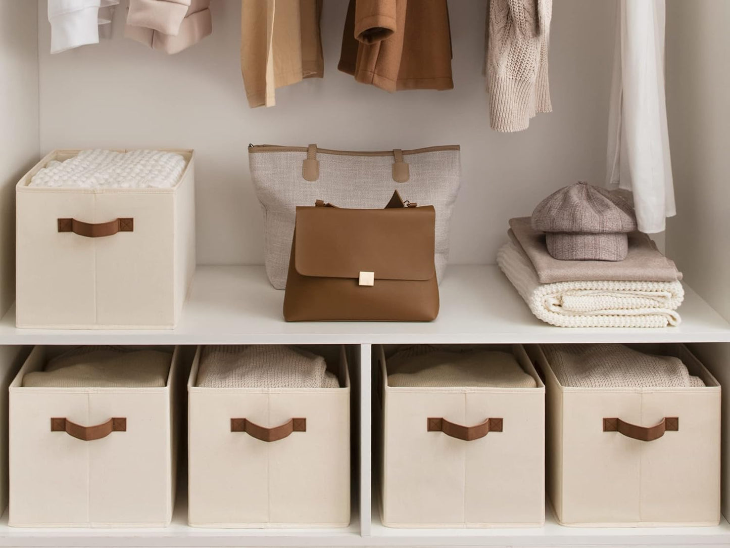 StorageWorks Storage Baskets for Shelves, Foldable Fabric Closet Storage Bins with PU Handles