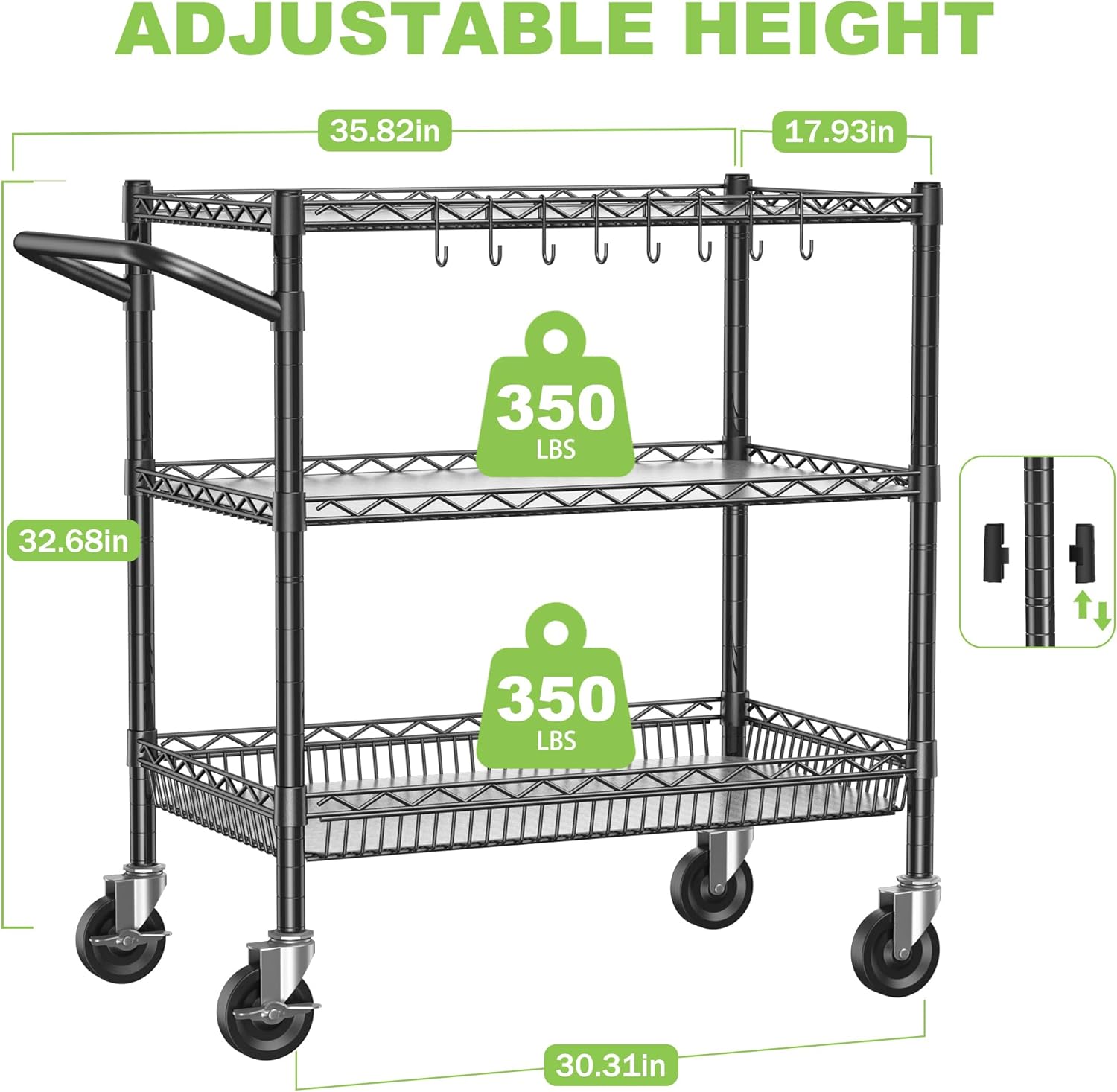 3 Tier Metal Cart with Wheels, Heavy Duty Utility Rolling Cart 1050lbs, Commercial Grade Kitchen