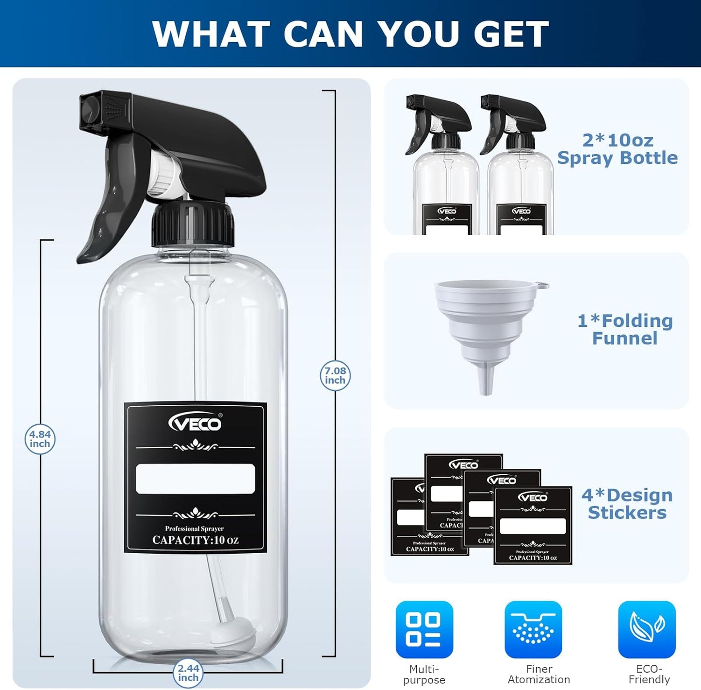 Veco 10oz Spray Bottle with Adjustable Nozzle, 360° Water Spray Bottles for Cleaning Solution