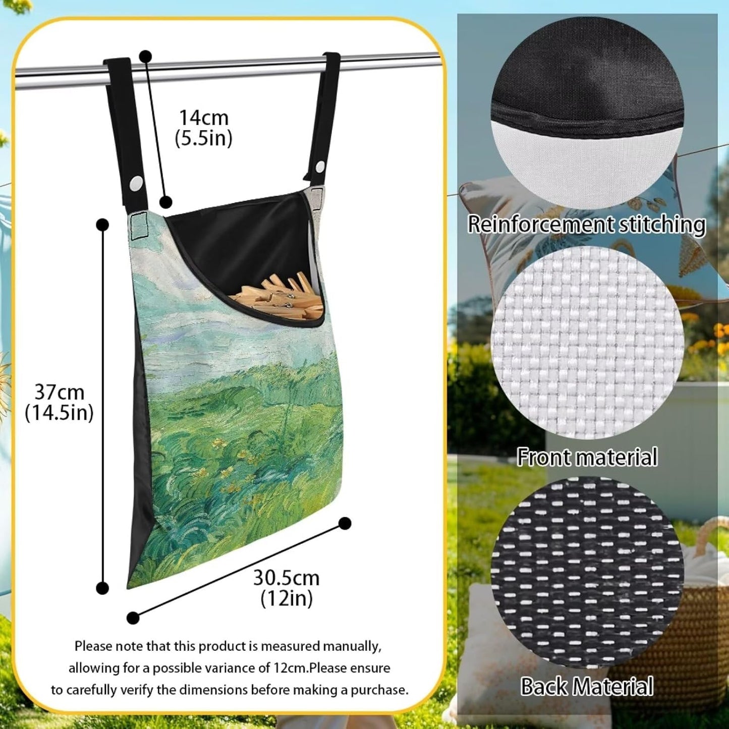 Green Wheat Field Print Windproof Clothespin Holder Bag for Outdoor Use - Durable Storage Organizer