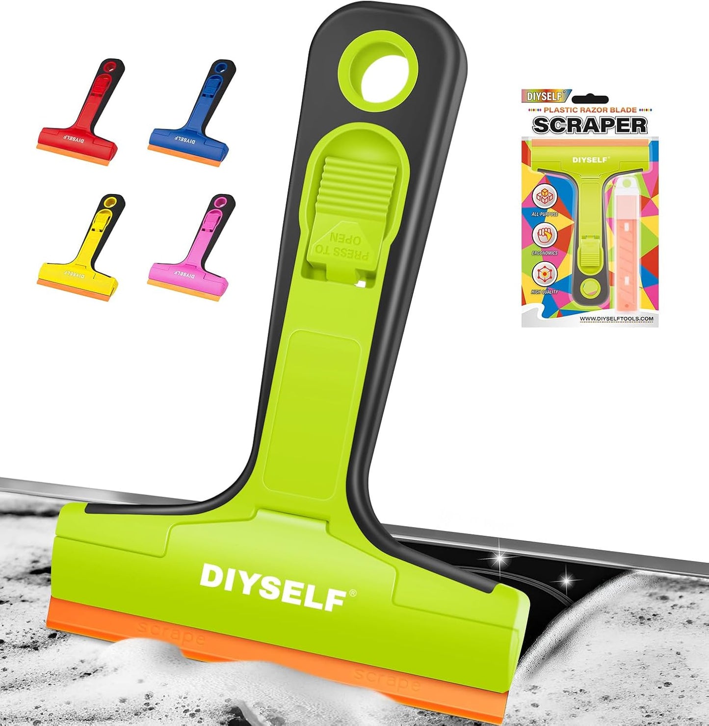 DIYSELF-Razor-Blade-Scraper, 1 Pack Razor Blade Scraper, Extra 5 PCS Orange Plastic Blades, Razor