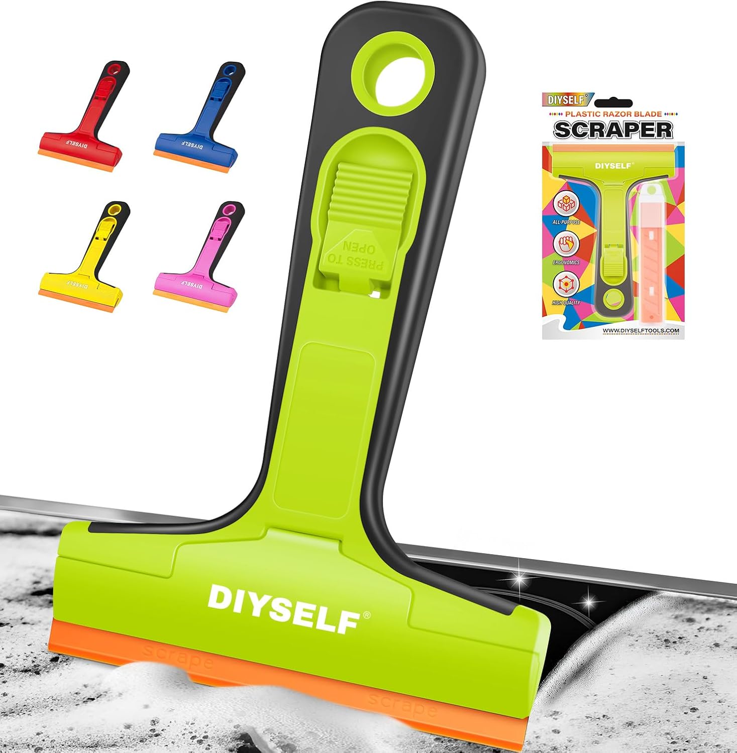 DIYSELF-Razor-Blade-Scraper, 1 Pack Razor Blade Scraper, Extra 5 PCS Orange Plastic Blades, Razor