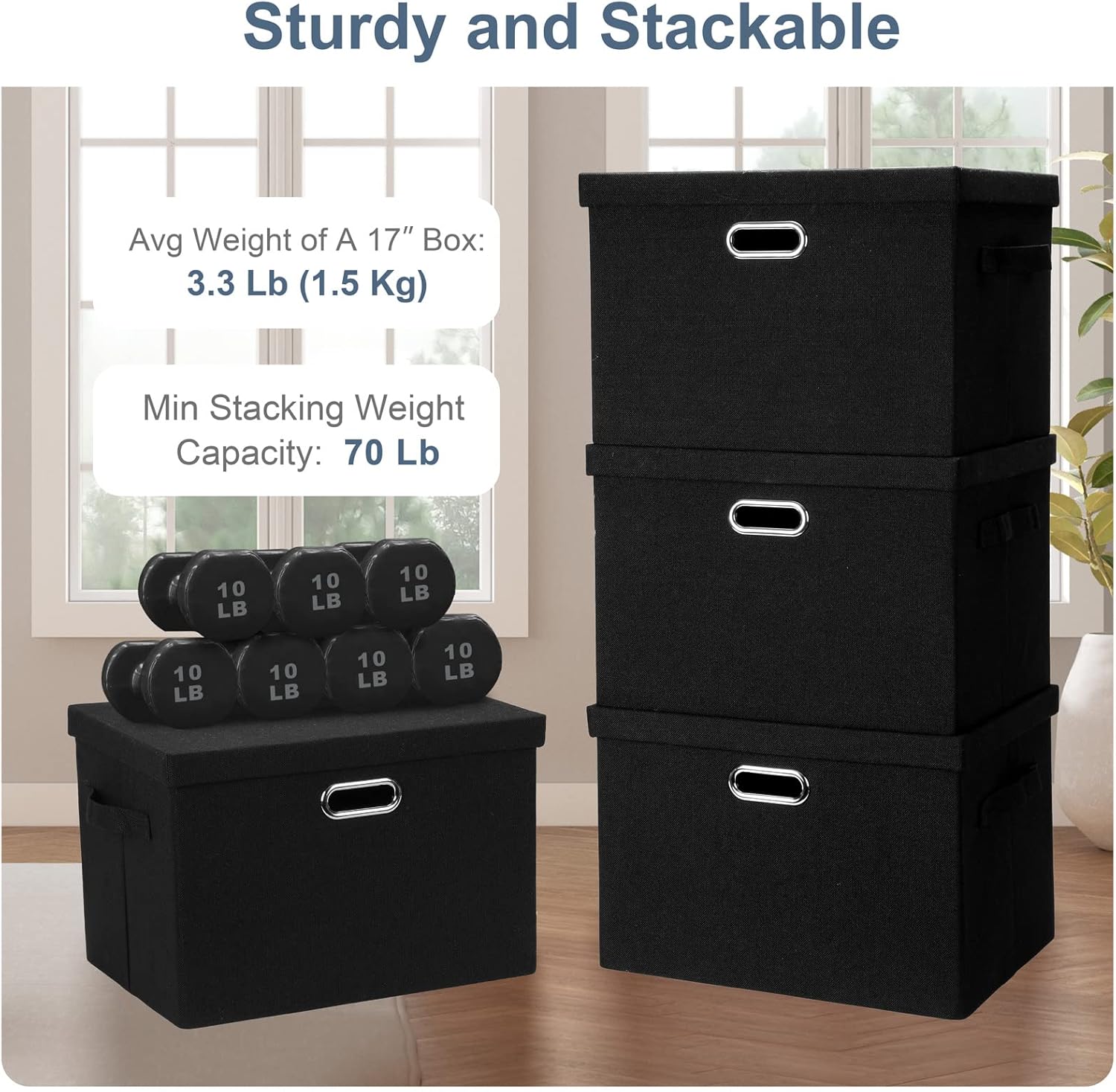 Large 17" 36 Quart Collapsible Stackable Storage Bins with Lids, 3 Packs Black Linen Fabric Closet