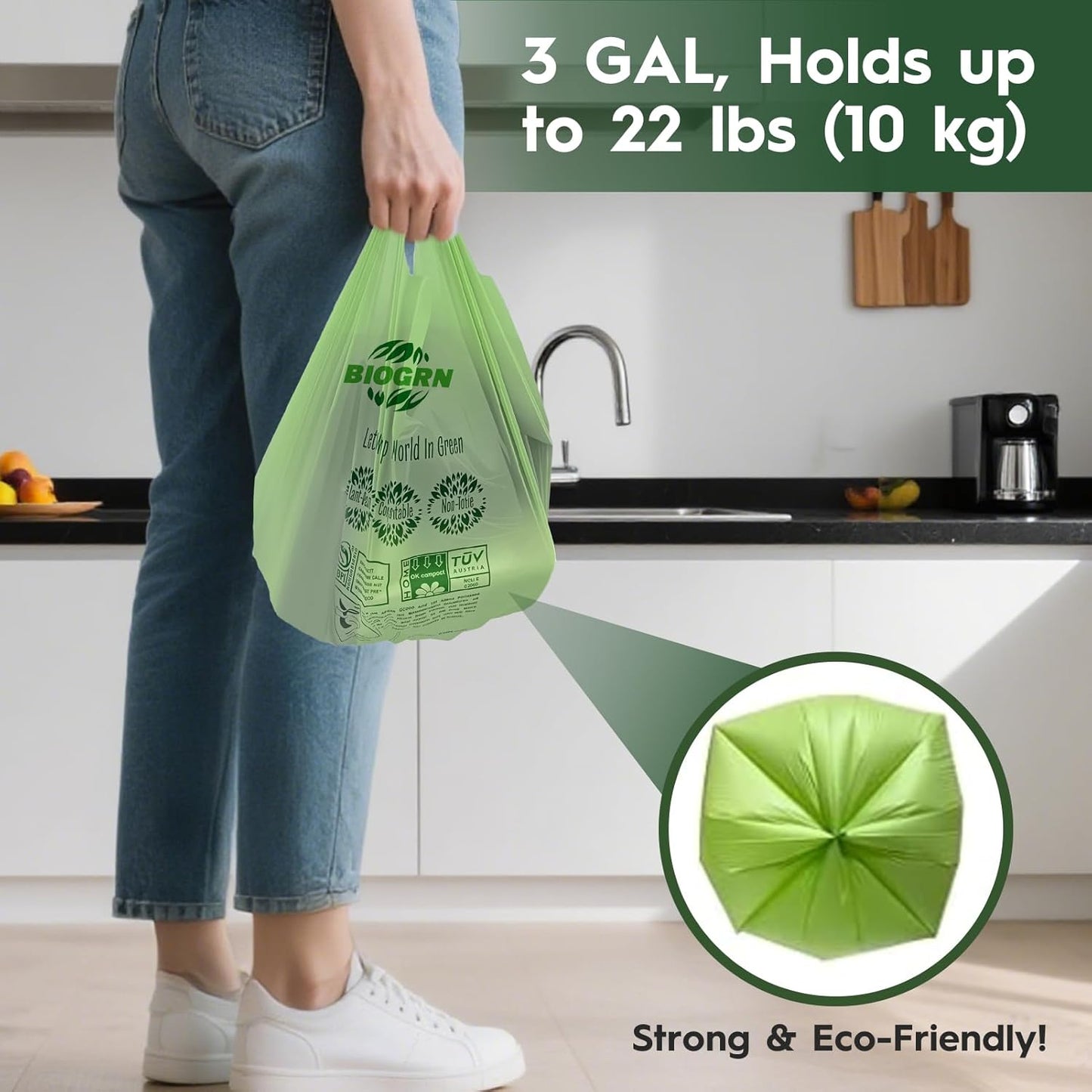 2.6-3 Gallon Compostable Trash Bags with Handles 80 Count 0.67 Mil 11.36 L Small Kitchen Wet Food