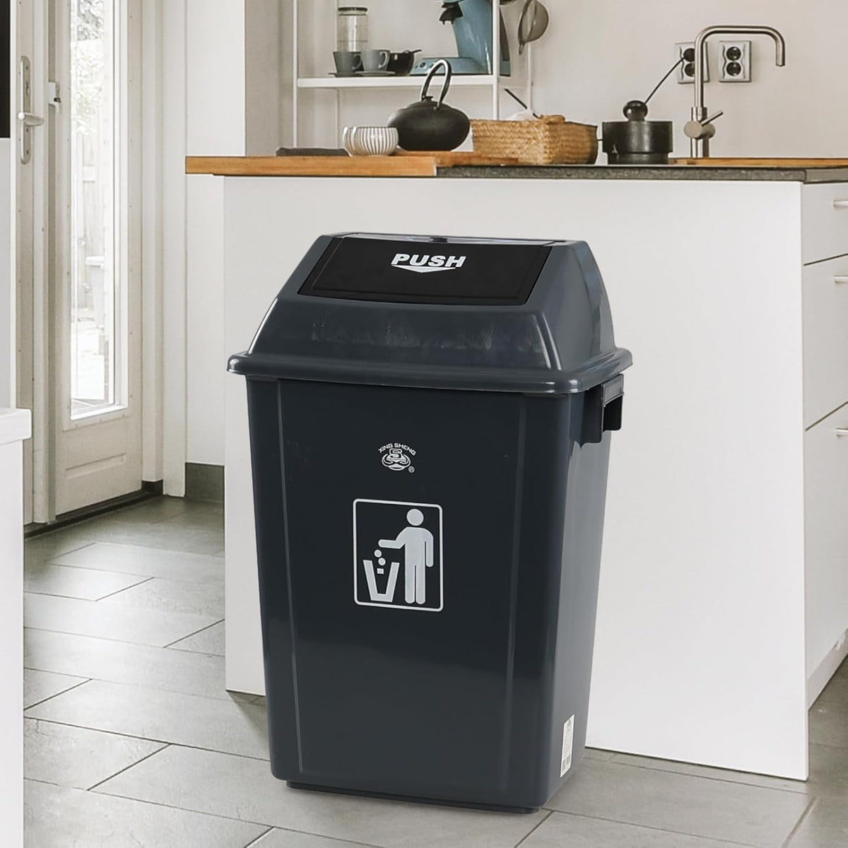 13 Gallon Plastic Swing Lid Trash Can, Outdoor Garbage Can, Grey, 4 Pack