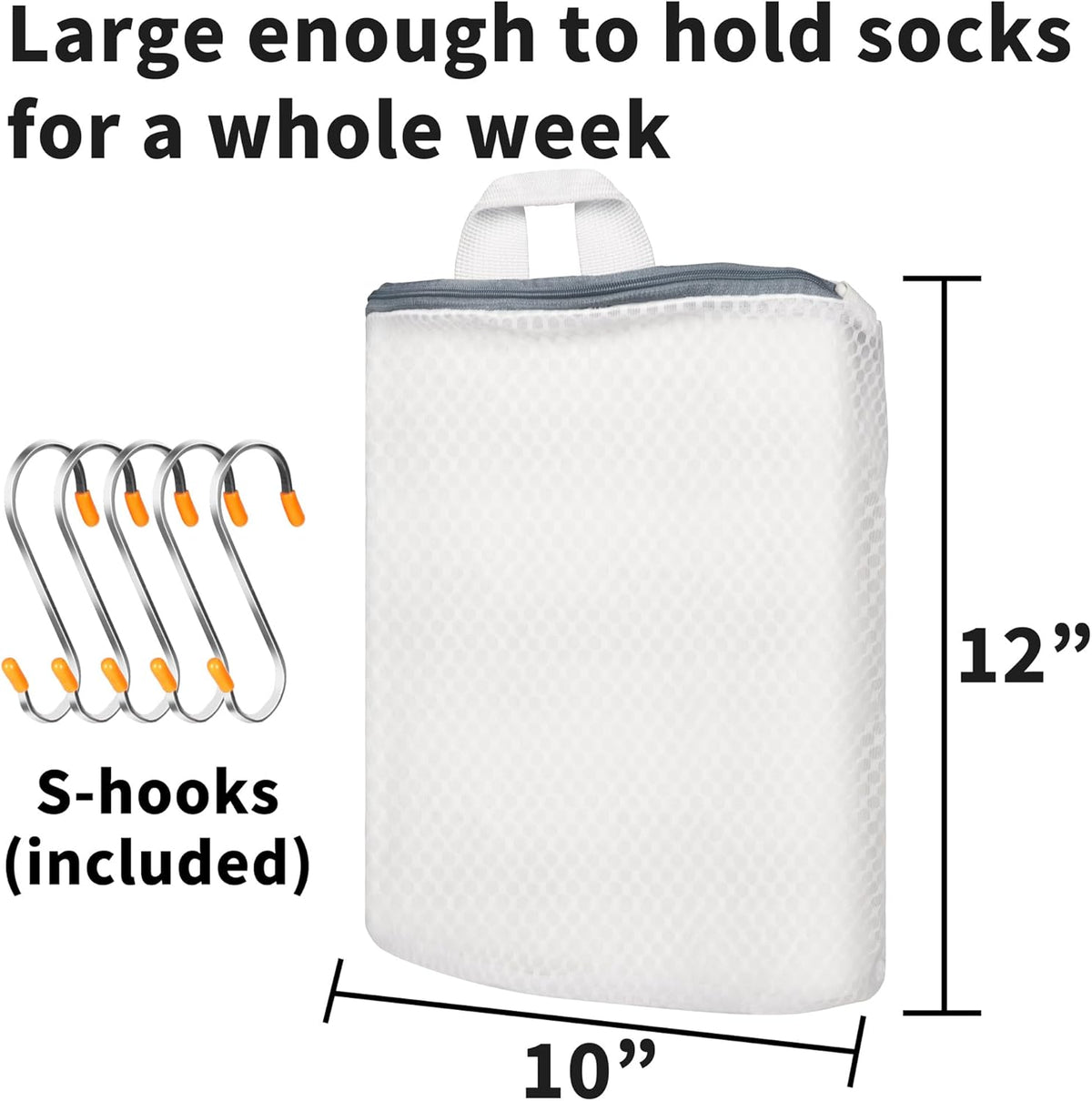 5Pcs Hanging Laundry Bags for Socks with S Hooks,12 X 10 inch 5 Color Mesh Laundry Bags for Washing