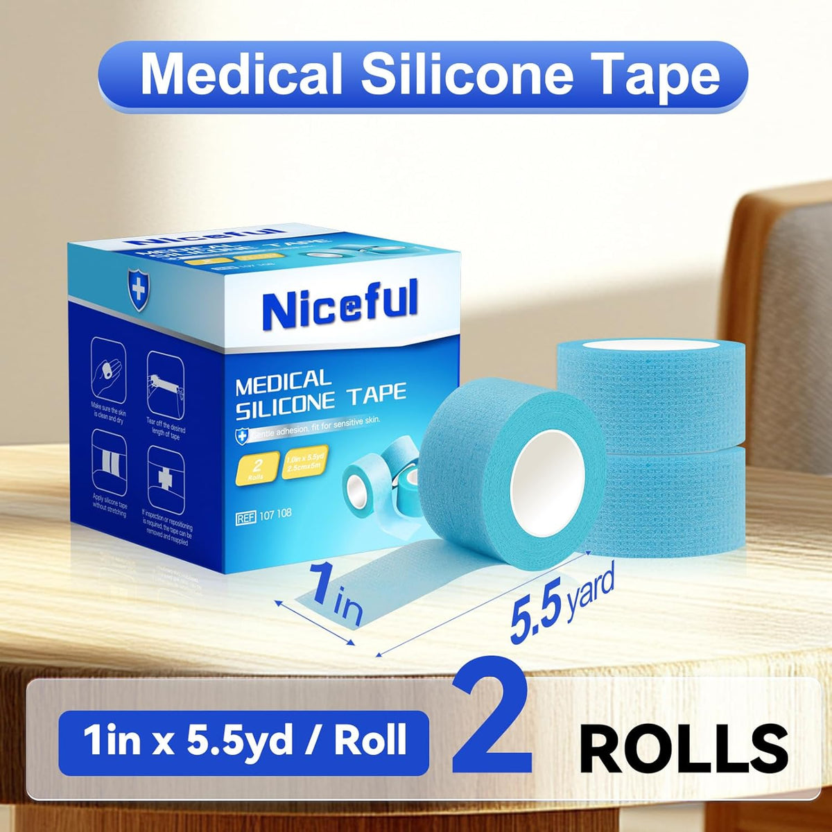 2 Rolls Silicone Medical Tape for Wound Care - Surgical Tape for Secures Dressings and Gauze, Blue