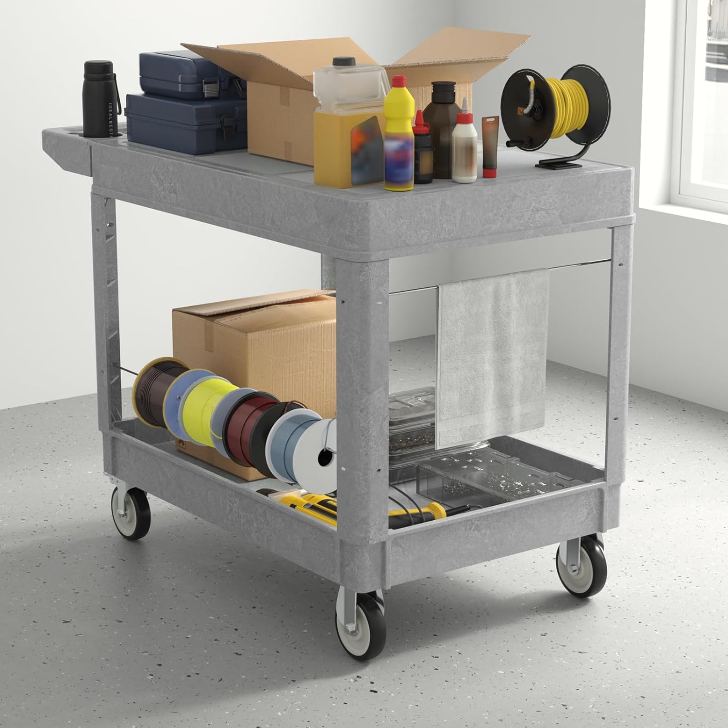 Utility Cart on Wheels, Heavy Duty Large Flat Top Rolling Service Cart, 46 x 25 Inch Work Carts, 2