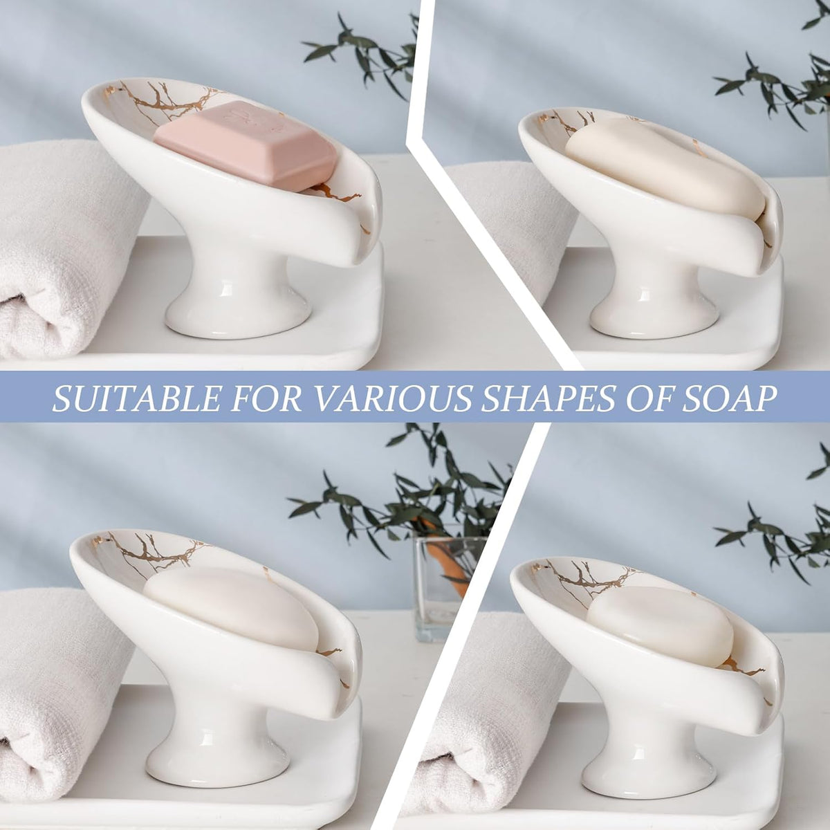 Soap Dish Set, Self Draining Bar Soap Holder for Bathroom Sink, Leaf Shaped Drainage Ceramic White