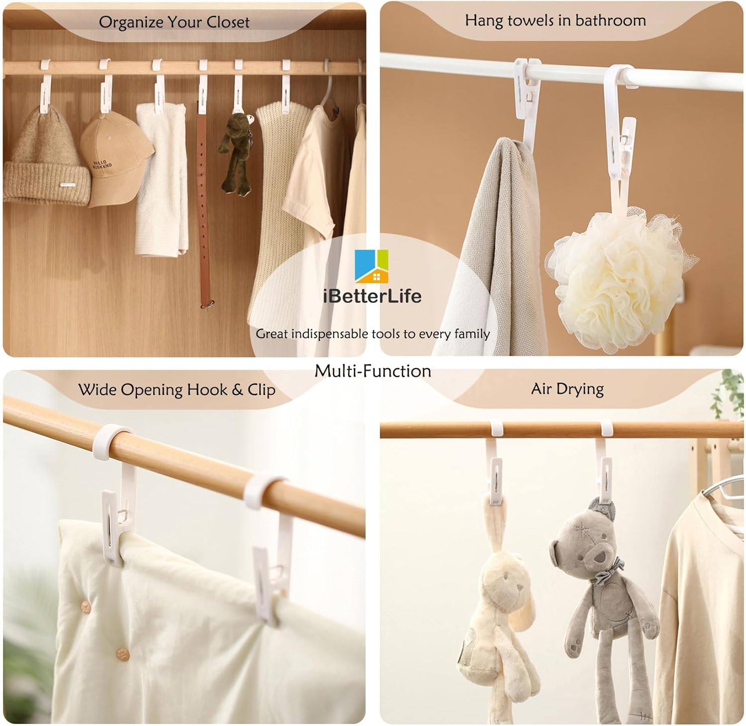 iBetterLife 4Pcs Laundry Hooks with Clips Hanger Heavy Duty Outdoor Clothes Pins, Closet Organizer