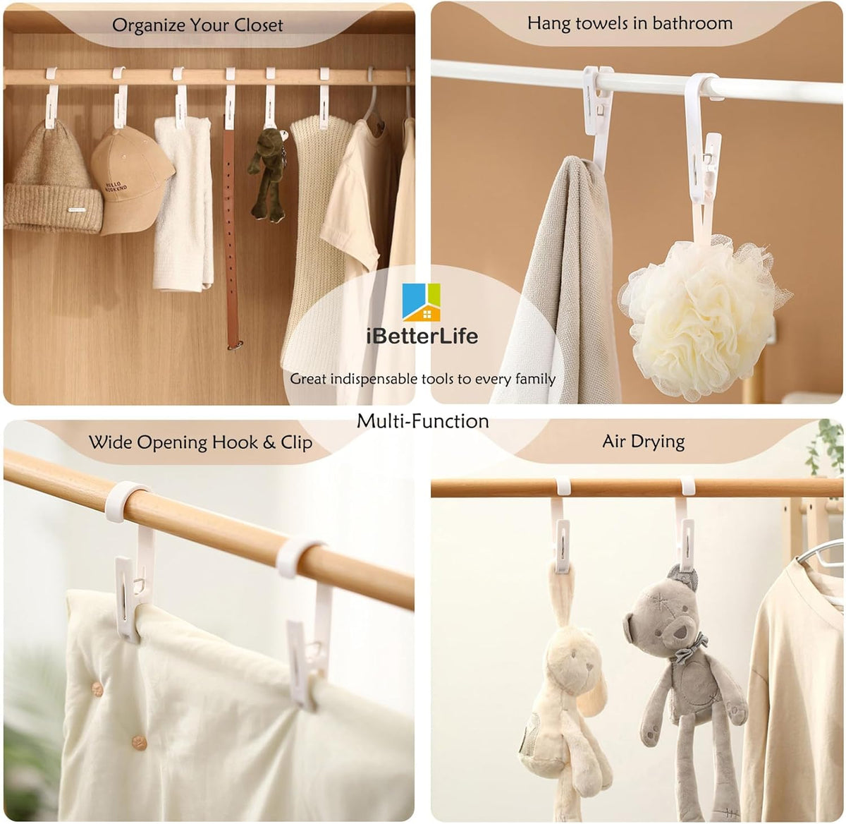 iBetterLife Laundry Hooks Hanging Clips - 4Pcs Heavy Duty Outdoor Clothes Pins, Closet Organizer
