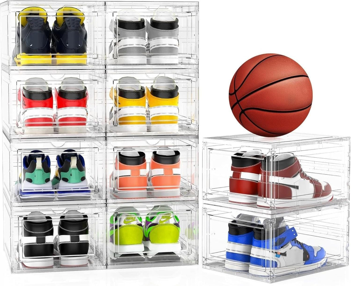 Mitees 10 Pack XX Large Thicken Sturdy Hard Plastic Clear Stackable Shoe Storage Boxes for Size 12