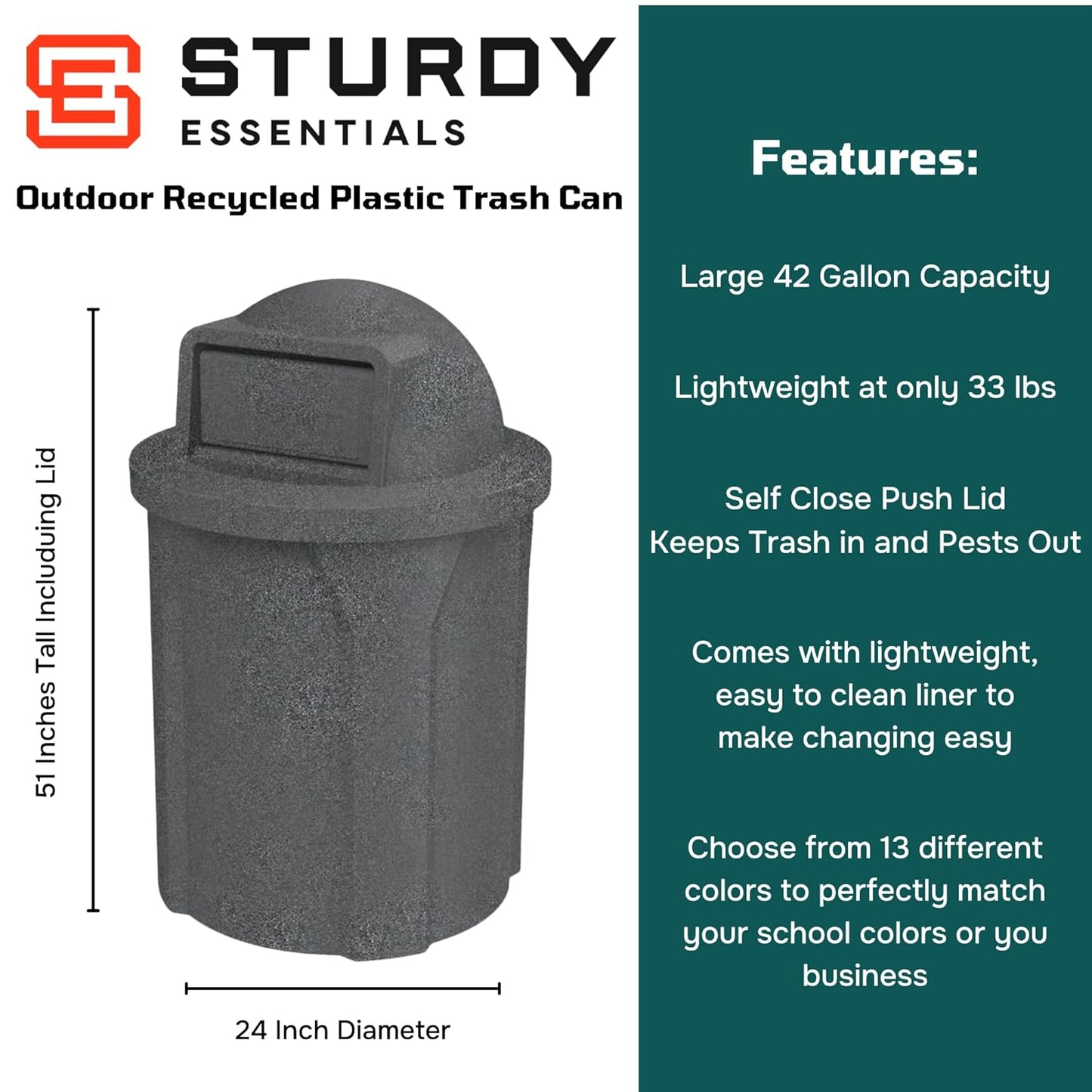 42 Gallon Round 100% Recycled Plastic Heavy-Duty Commercial Outdoor or Outdoor Trash Can with Push
