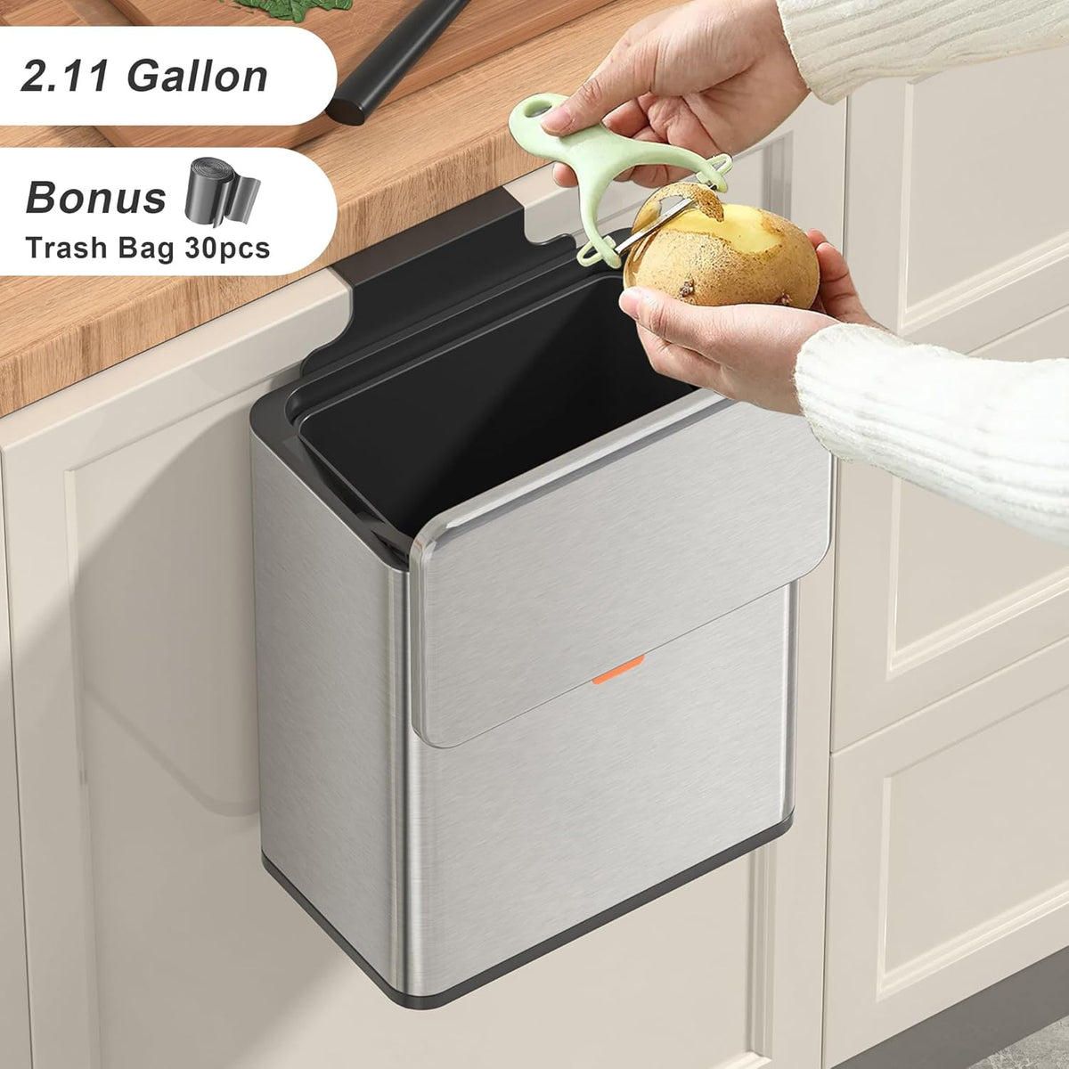 Mbillion Kitchen Compost Bin Hanging Trash Can with Lid 2.1 Gallon Stainless Steel Garbage Can for
