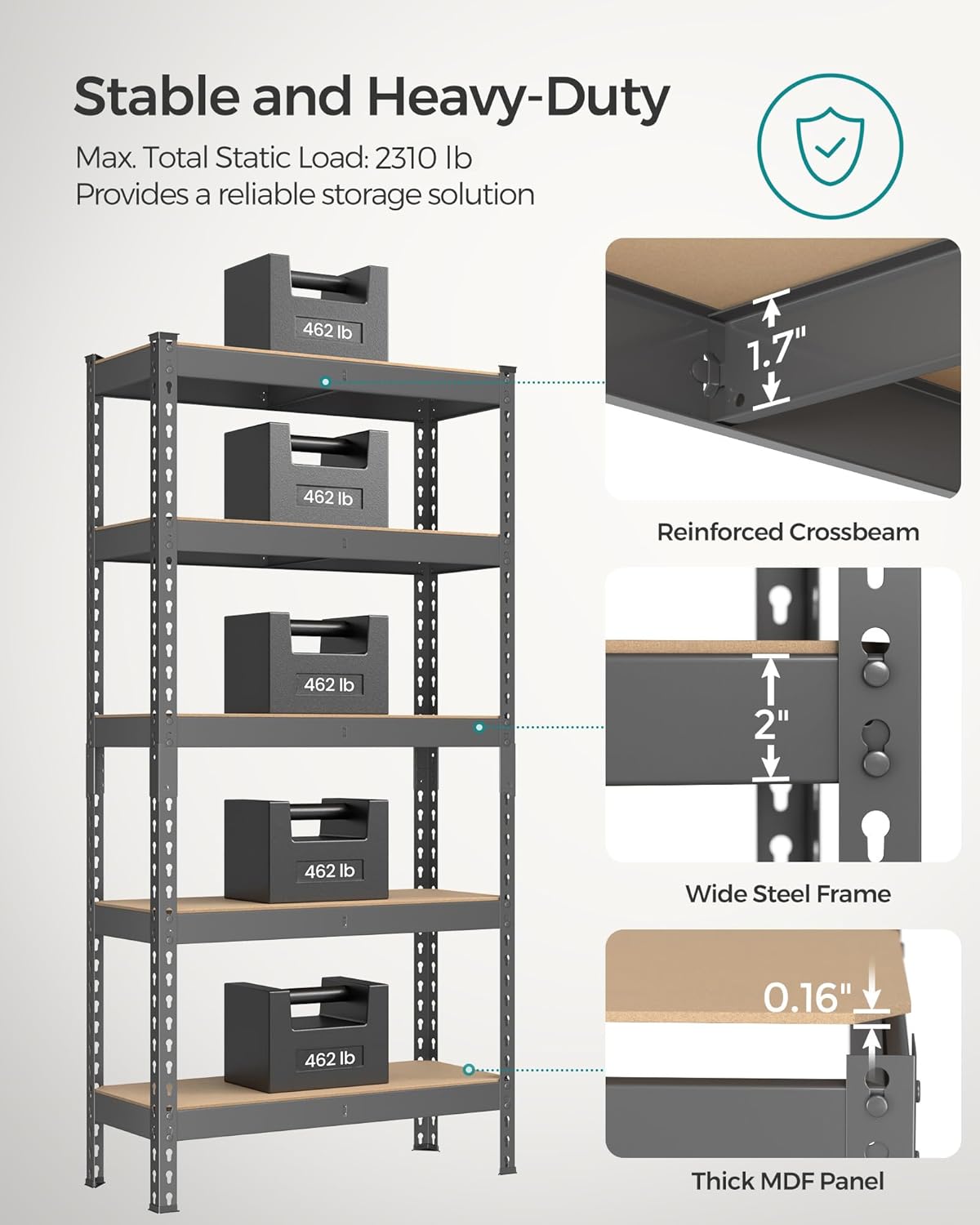 SONGMICS 5-Tier Storage Shelves, Load 2310 lb, Set of 2 Garage Storage, Boltless Assembly