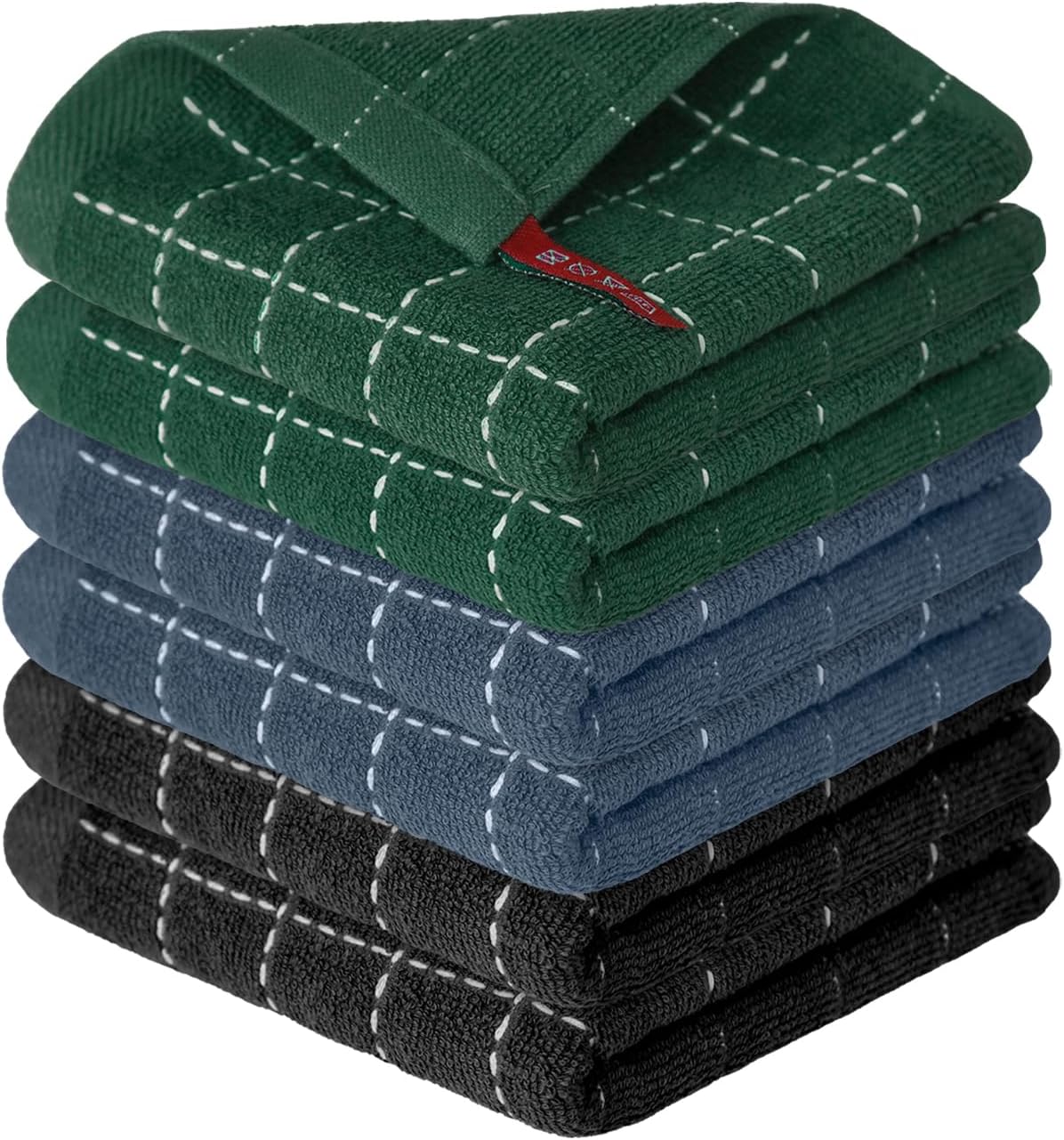 Artoid Mode Checkered Designed Cotton Grey Black Green Terry Kitchen Dish Cloths, 12x12 Inch Soft