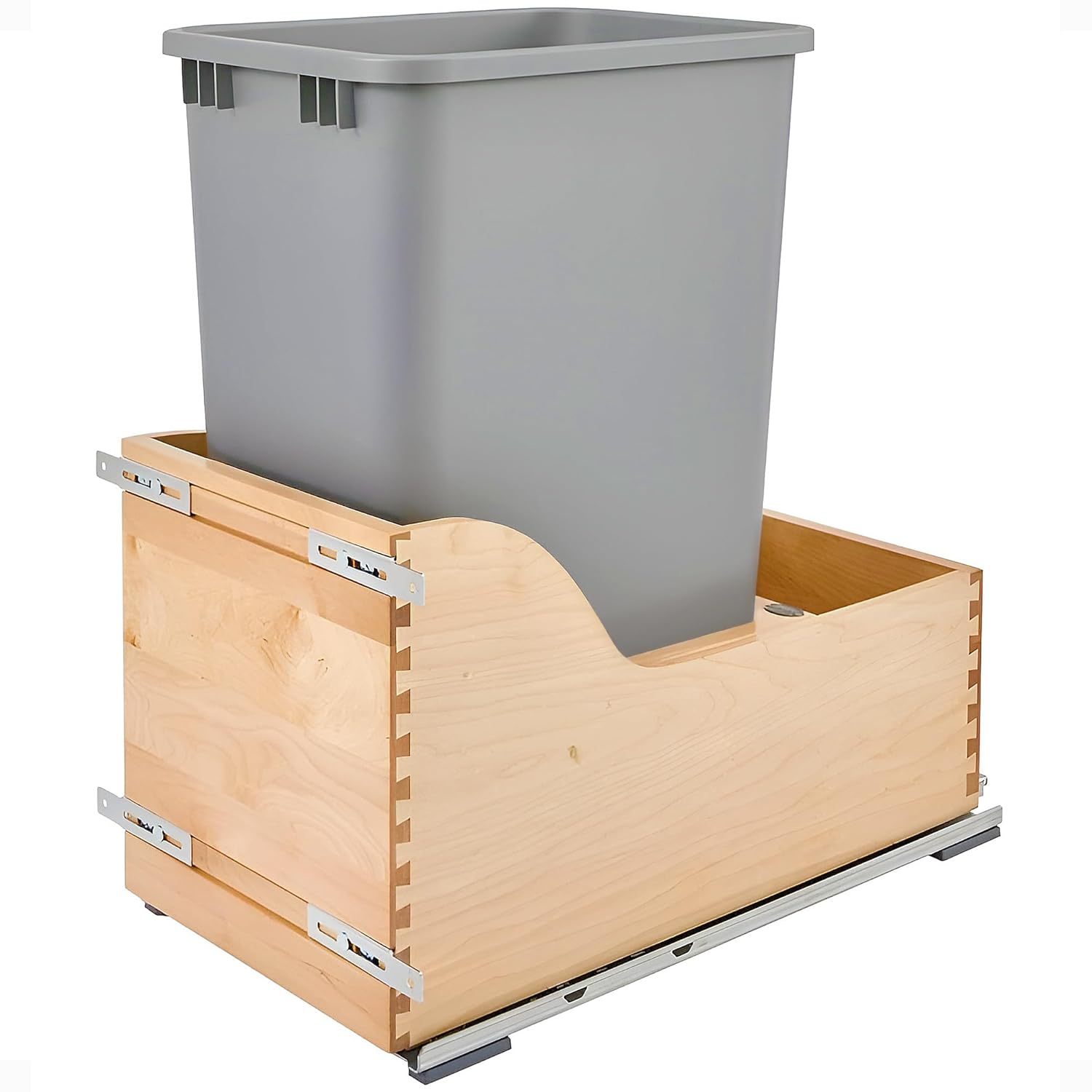 Rev-A-Shelf Pullout Trash Can for Kitchen Cabinet, Single 50 Qt Bin with 12" Wood Frame - Large
