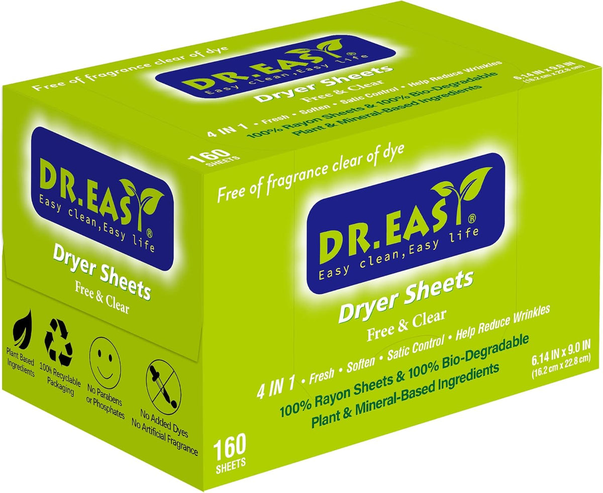 Dr.Easy Dryer Sheets Free & Clear Plant Based all ingredients for Sensitive Skin 160 Ct 100% Rayon
