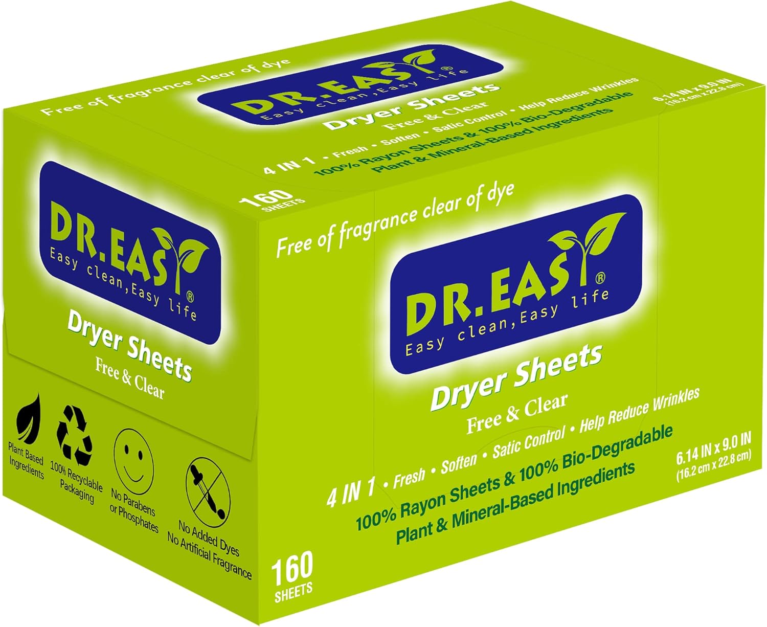 Dr.Easy Dryer Sheets Free & Clear Plant Based all ingredients for Sensitive Skin 160 Ct 100% Rayon