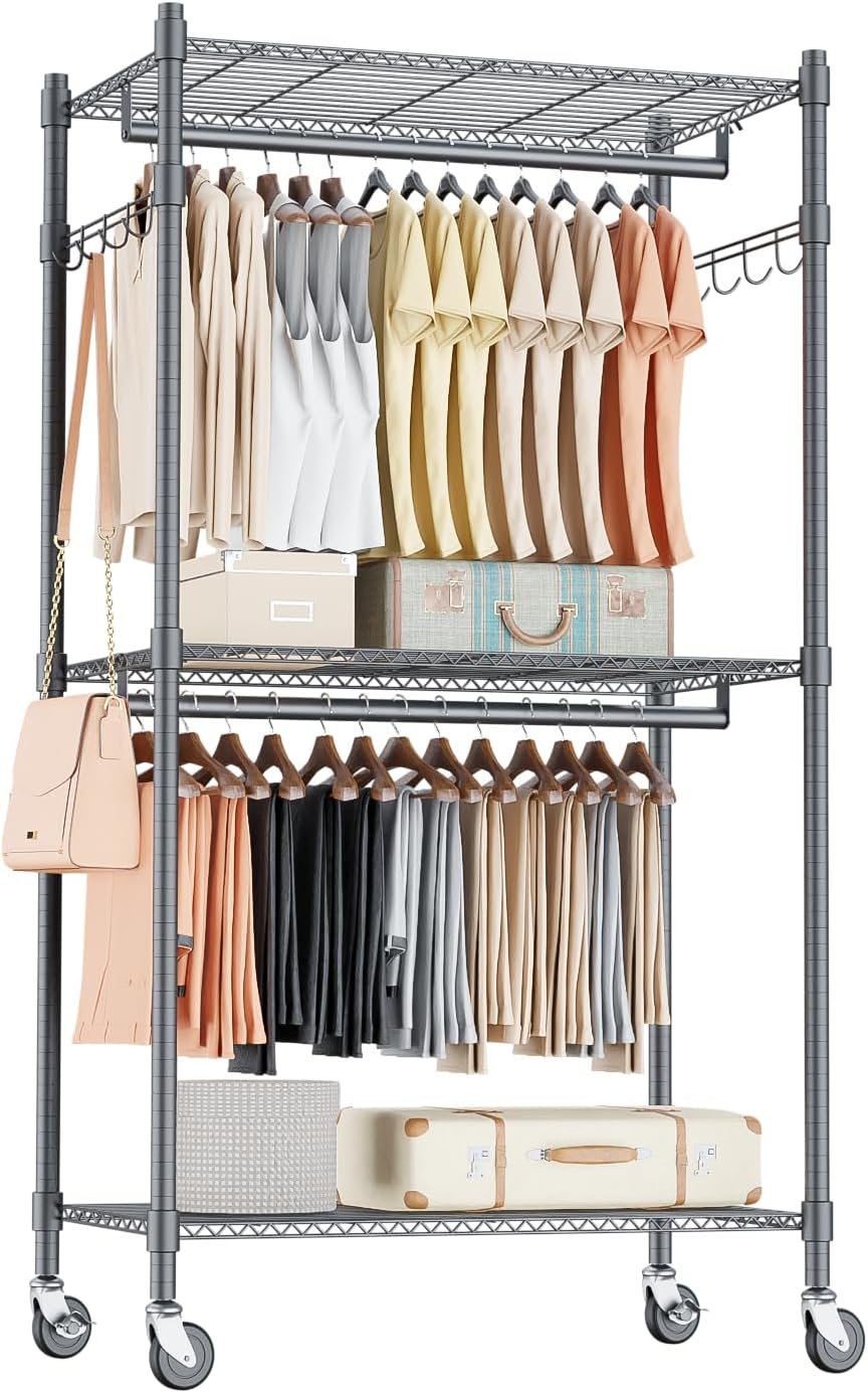 Homdox Garment Rack Heavy Duty, 3 Tier Rolling Clothing Racks for Hanging Clothes, Metal Wardrobe