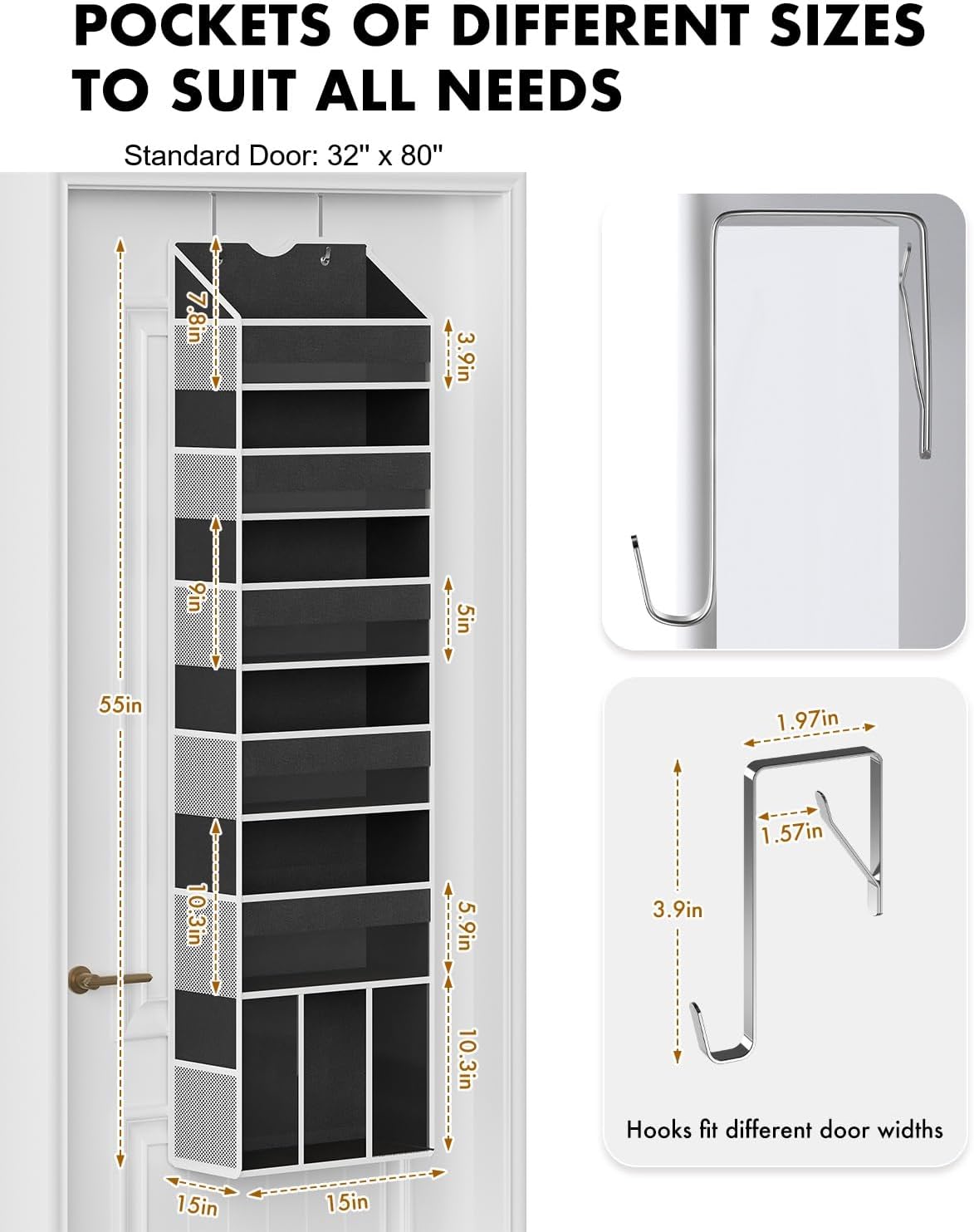 Over The Door Organizer Hanging - 6 Shelf Over Door Organizer with 6 Clear Front & 12 Side Pockets