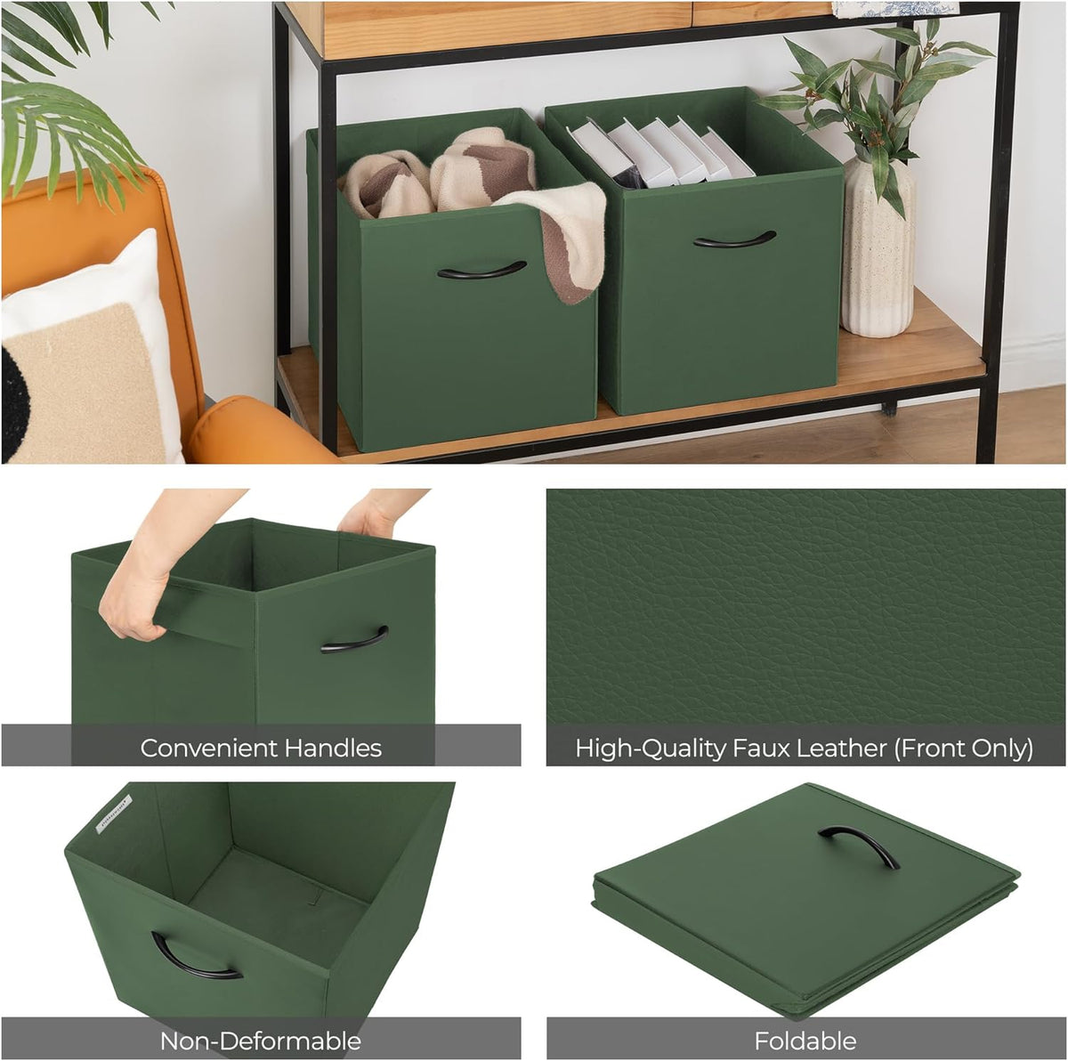 StorageWorks Green Storage Cubes, 13x13 Storage Cube Bins with Handle, Cube Storage Organizer Bins