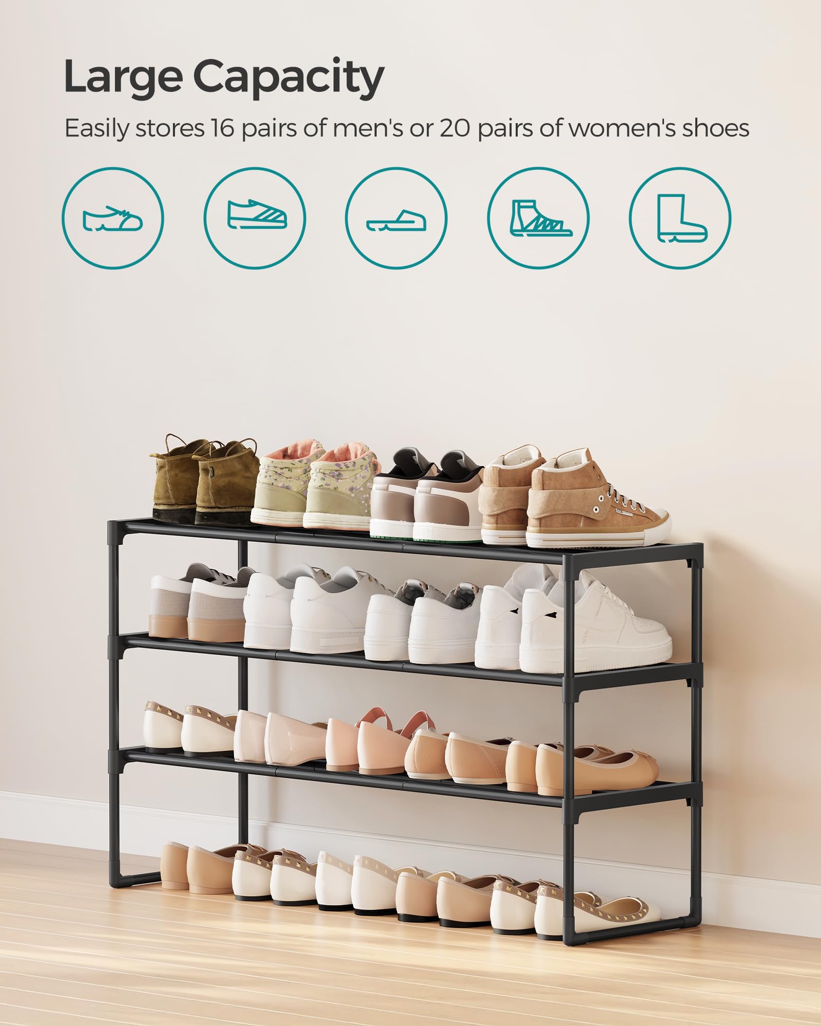 SONGMICS Shoe Rack, 3-Tier Shoe Organizer, Metal Storage Shelf, Upright or Upside Down, for 16-20
