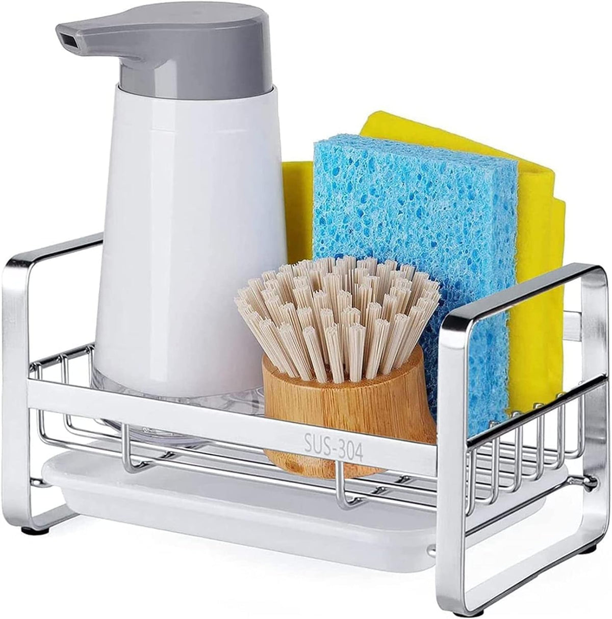 HULISEN Kitchen Sink Sponge Holder, 304 Stainless Steel Kitchen Soap Dispenser Caddy Organizer